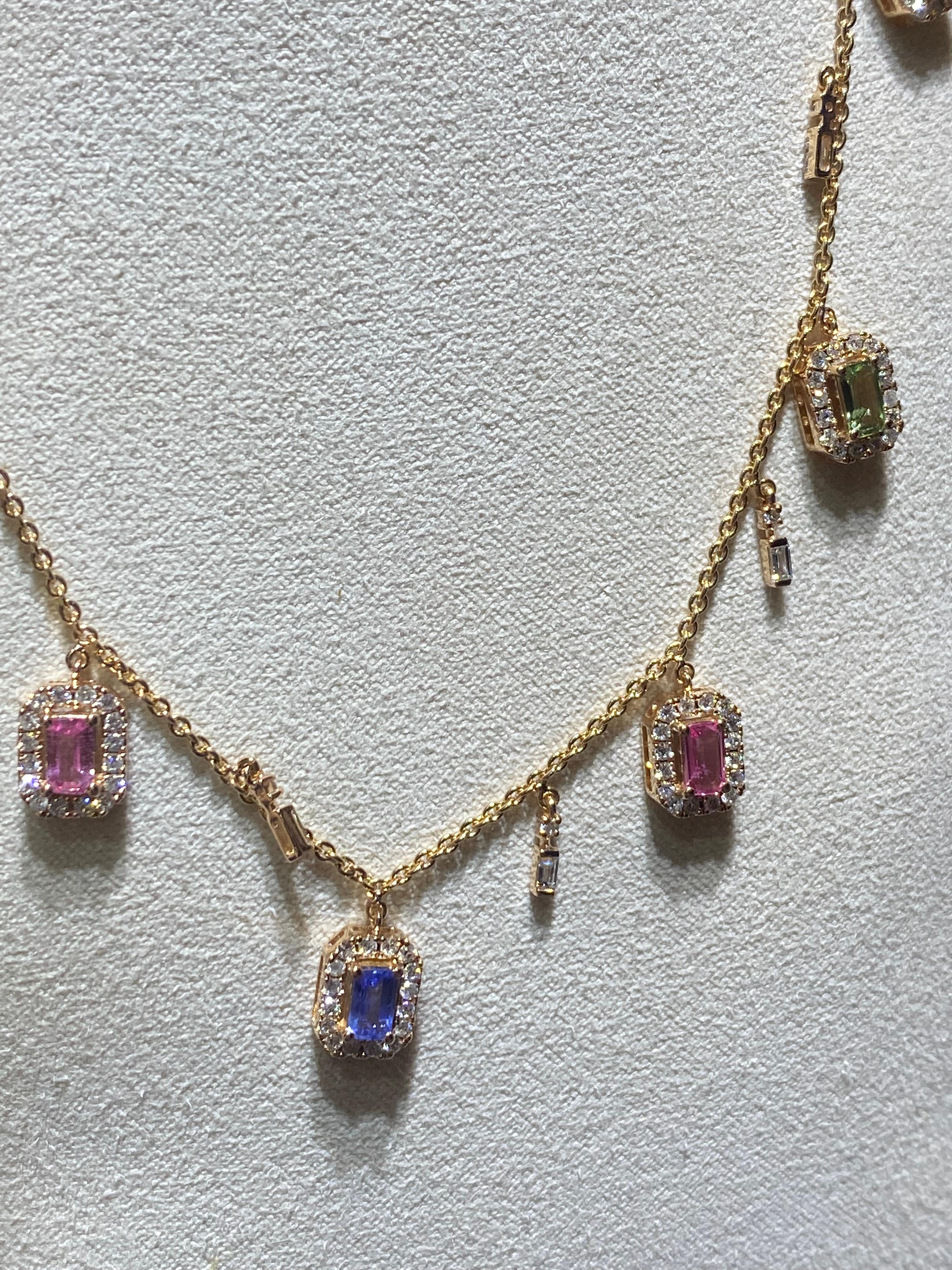 Antique Cushion Cut Precious Choker Style Multi Sapphire Yellow Gold 18K Necklace for Her For Sale