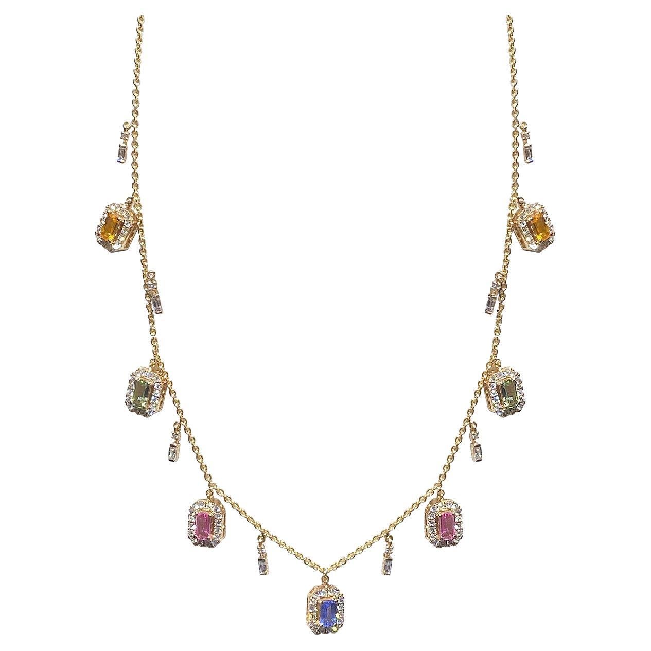 Precious Choker Style Multi Sapphire Yellow Gold 18K Necklace for Her For Sale