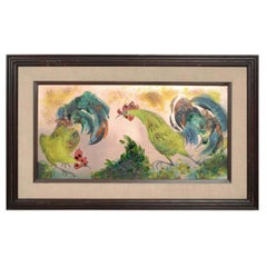 1980s Crowing Rooster Copper Enamel Painting Abstract Art Blue Green
