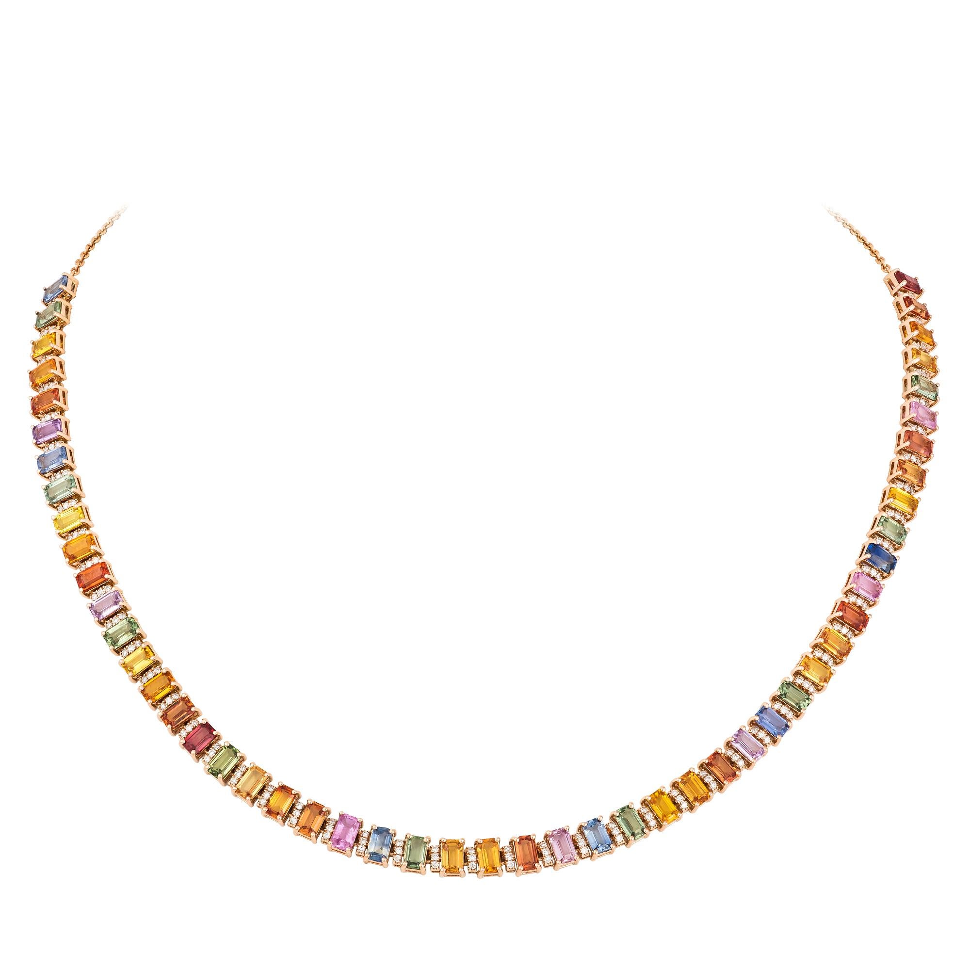 NECKLACE 18K Rose Gold 
Diamond 0.69 Cts/150 Pcs 
Multi Sapphire 18.77 Cts/51 Pcs

With a heritage of ancient fine Swiss jewelry traditions, NATKINA is a Geneva based jewellery brand, which creates modern jewellery masterpieces suitable for every