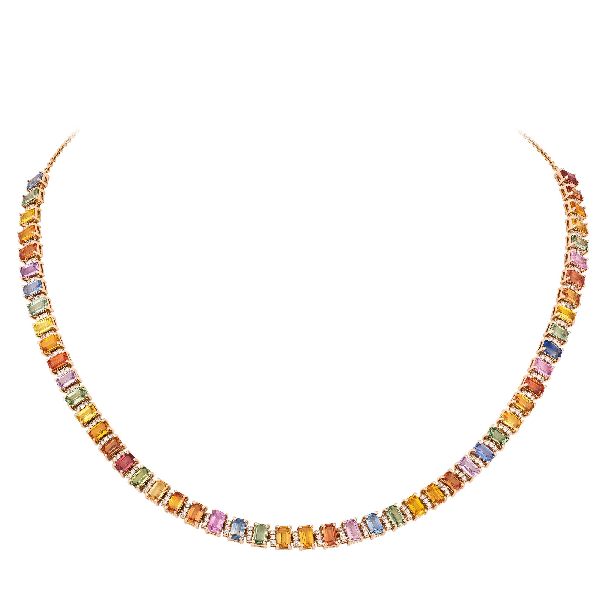 Precious Diamond Multi Sapphire 18 Karat Rose Gold Necklace for Her In New Condition For Sale In Genève, GE