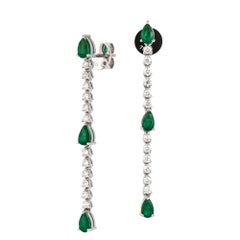 Precious Emerald Diamond Cocktail White 18k Gold Dangle Earrings