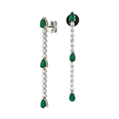 Precious Emerald Diamond Cocktail White 18k Gold Dangle Earrings