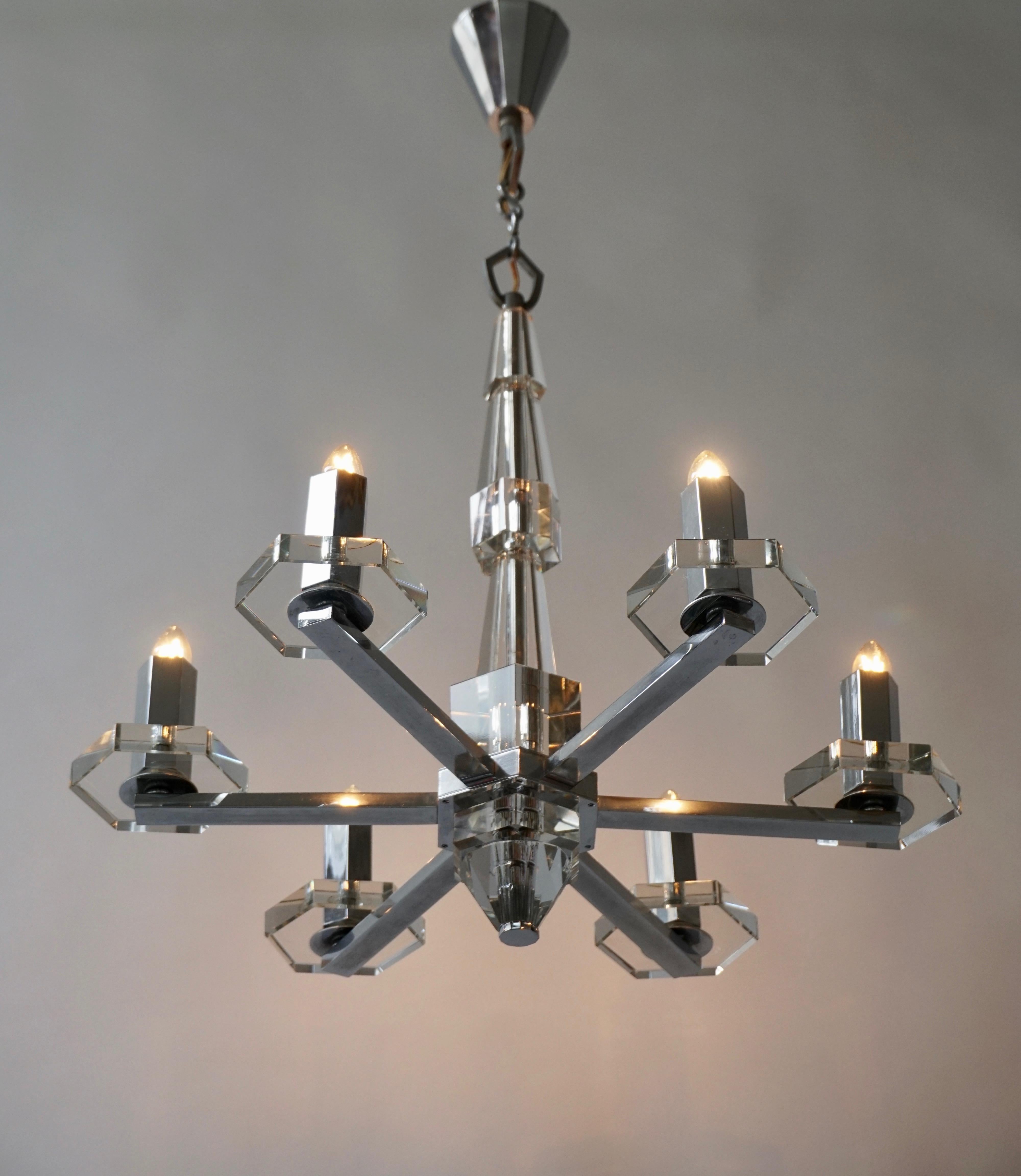 Italian Precious Faceted Crystal Glass Art Deco Chandelier For Sale
