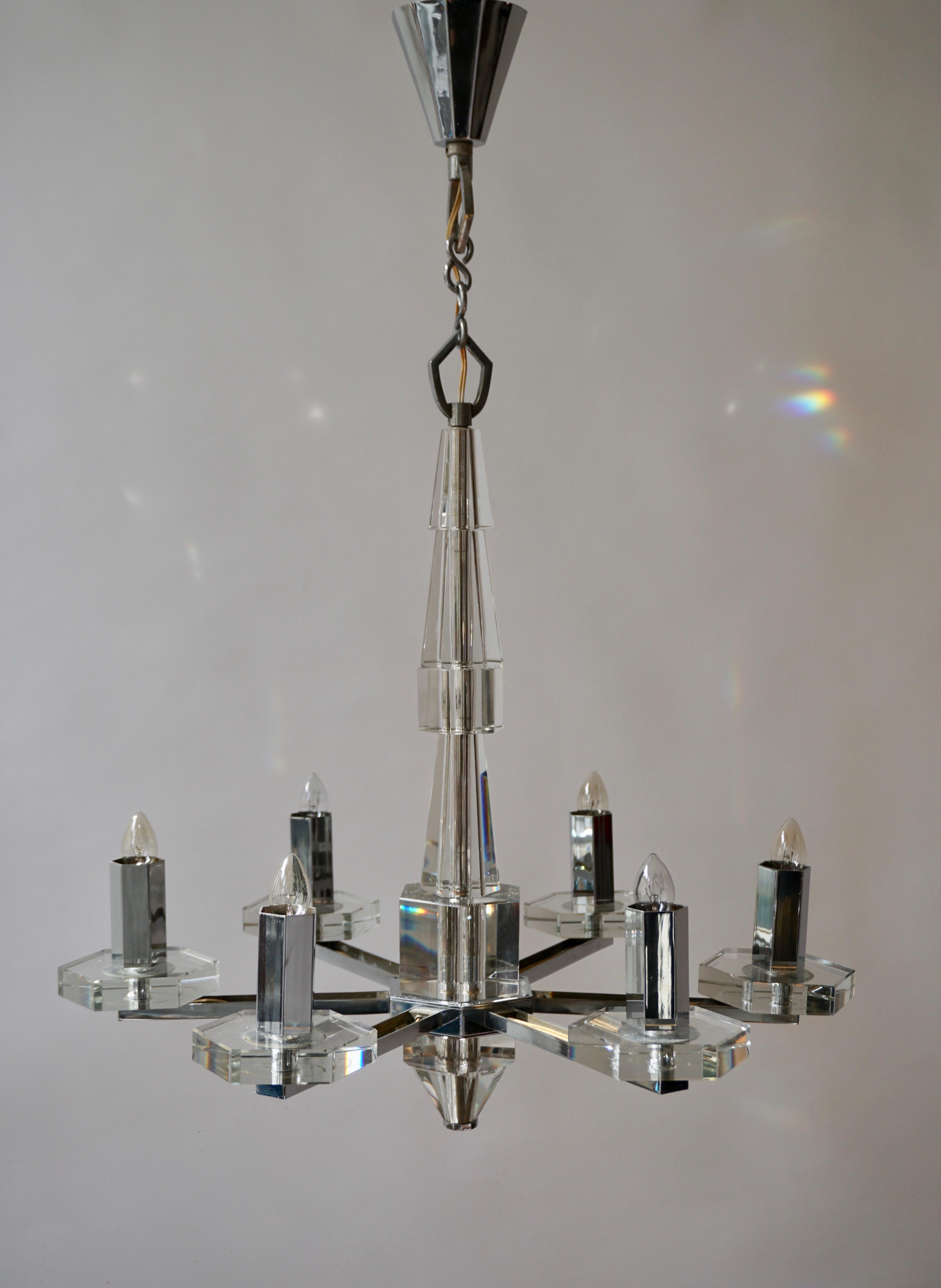 20th Century Precious Faceted Crystal Glass Art Deco Chandelier For Sale