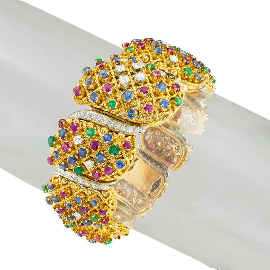 Modern Precious Gems Diamonds Yellow Gold Link Bracelet For Sale