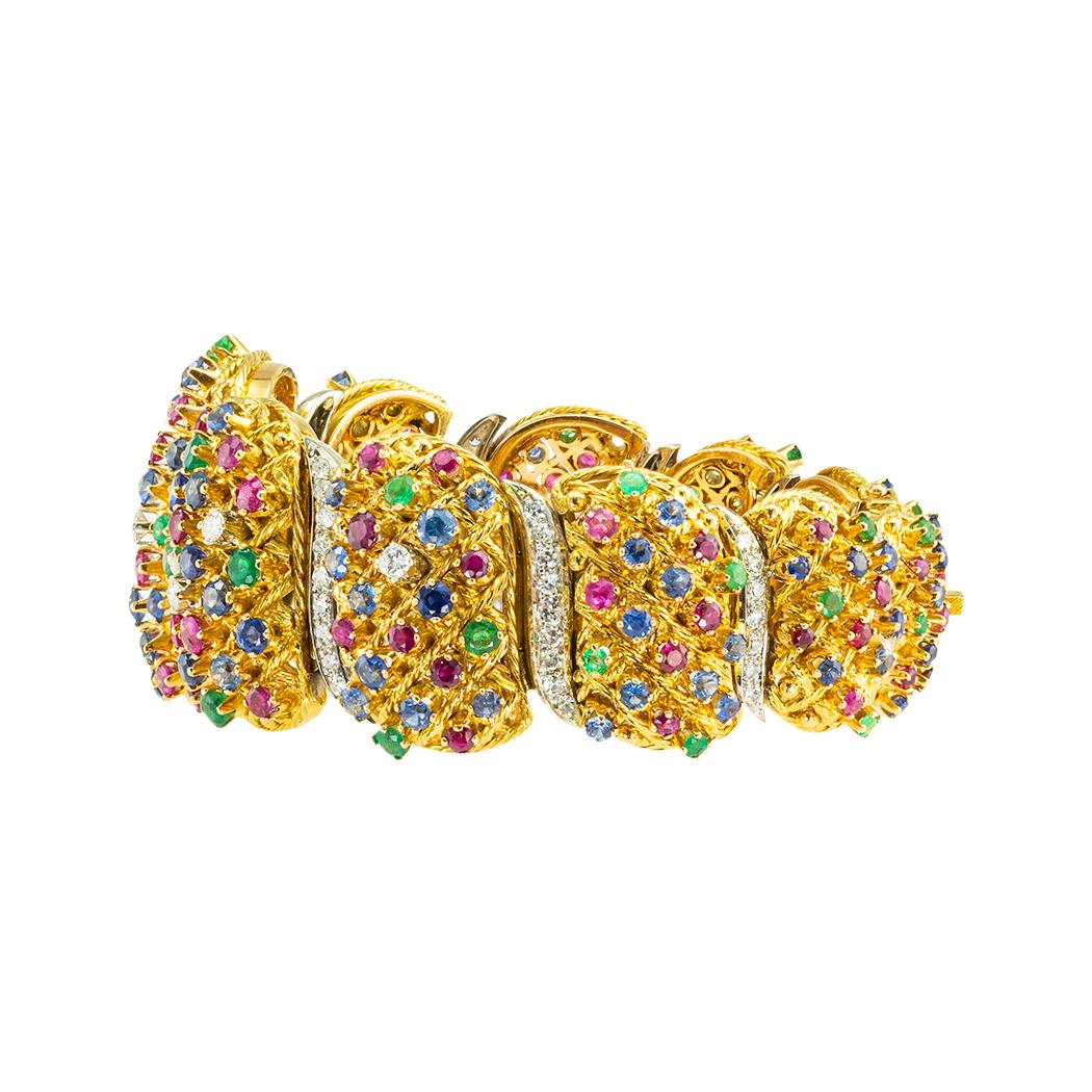 Round Cut Precious Gems Diamonds Yellow Gold Link Bracelet For Sale