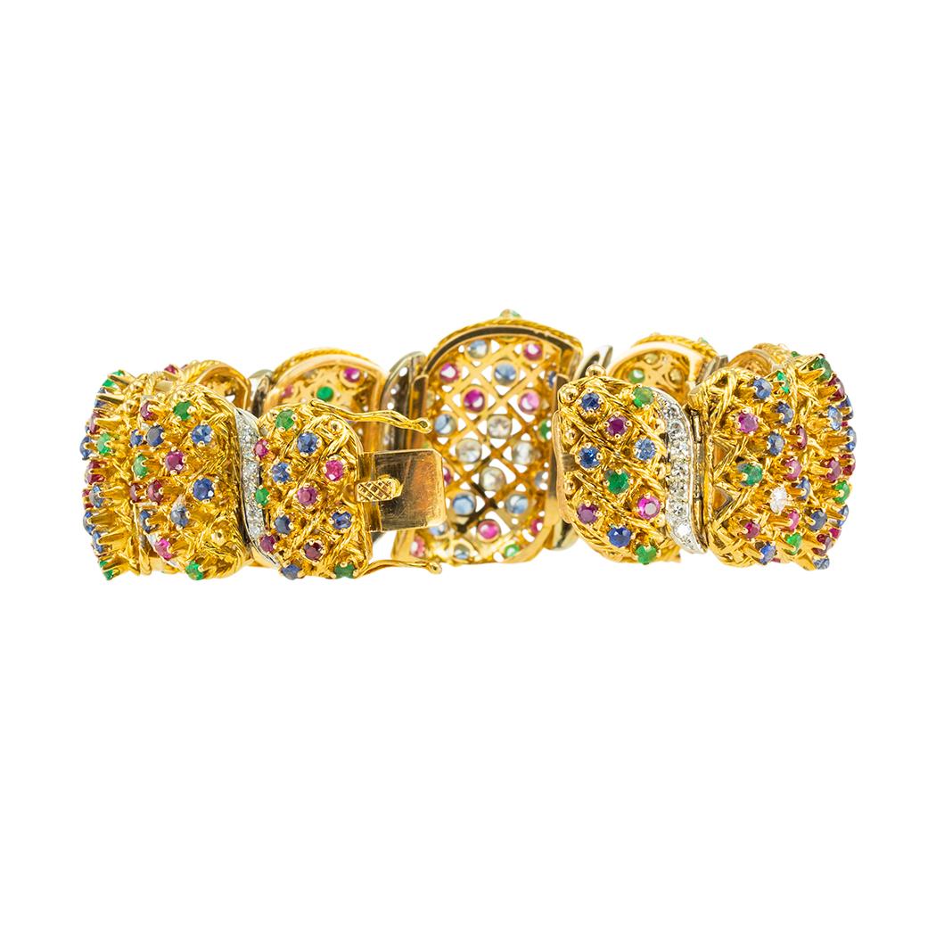 Precious Gems Diamonds Yellow Gold Link Bracelet In Good Condition For Sale In Los Angeles, CA