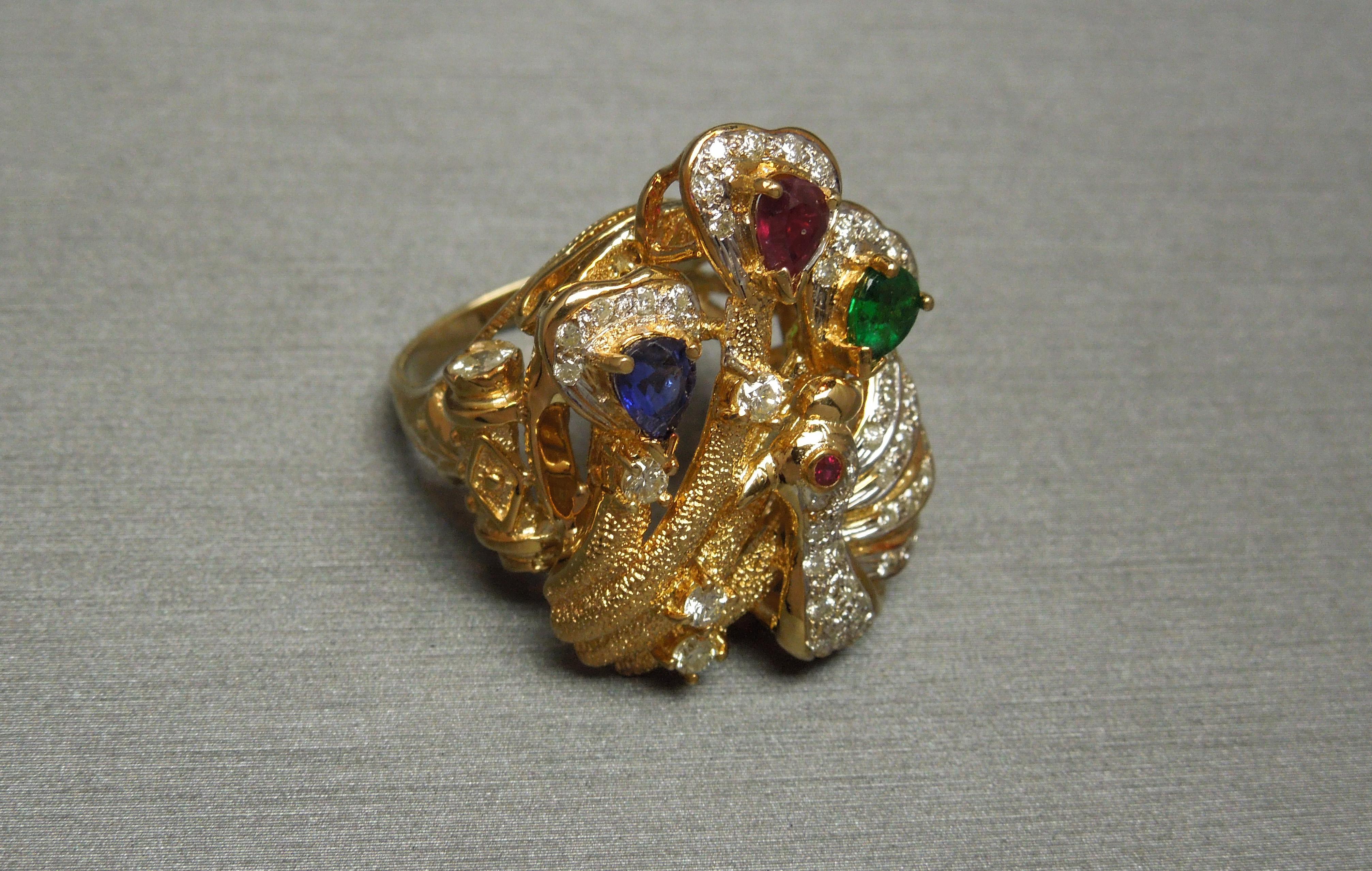 Pear Cut Precious Gemstone Gold Peacock Statement Ring For Sale