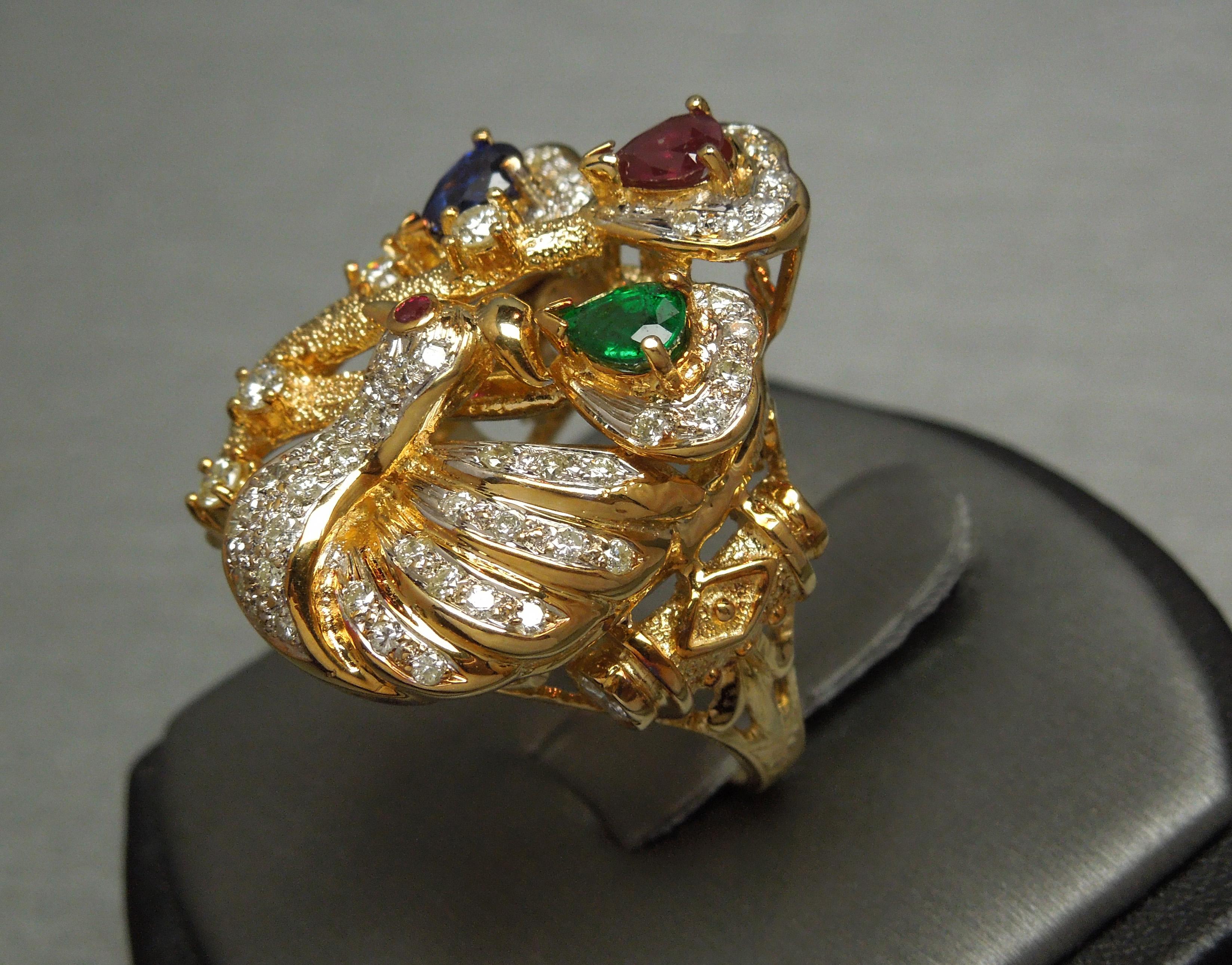 Precious Gemstone Gold Peacock Statement Ring In Good Condition For Sale In METAIRIE, LA