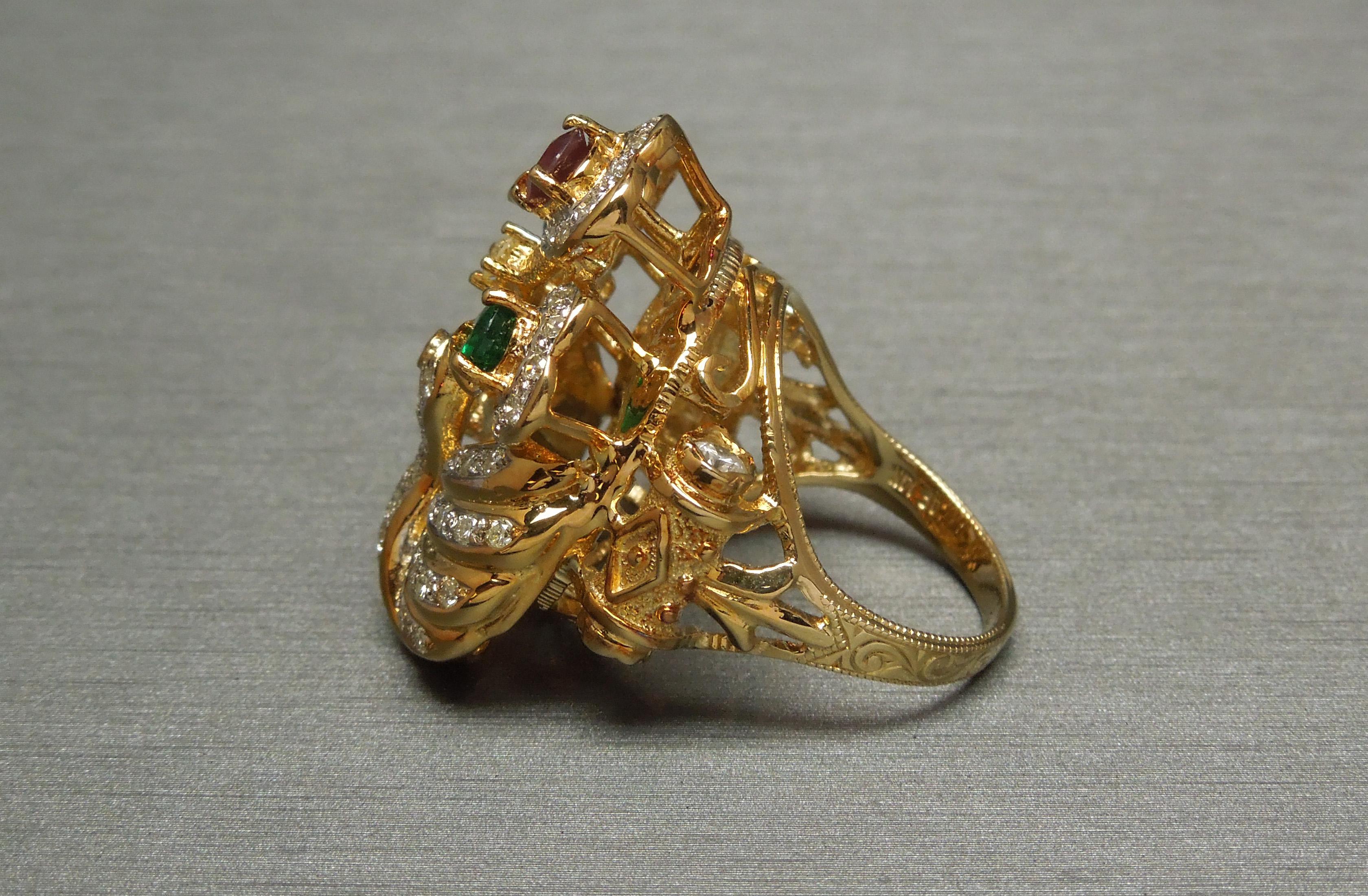 Women's Precious Gemstone Gold Peacock Statement Ring For Sale
