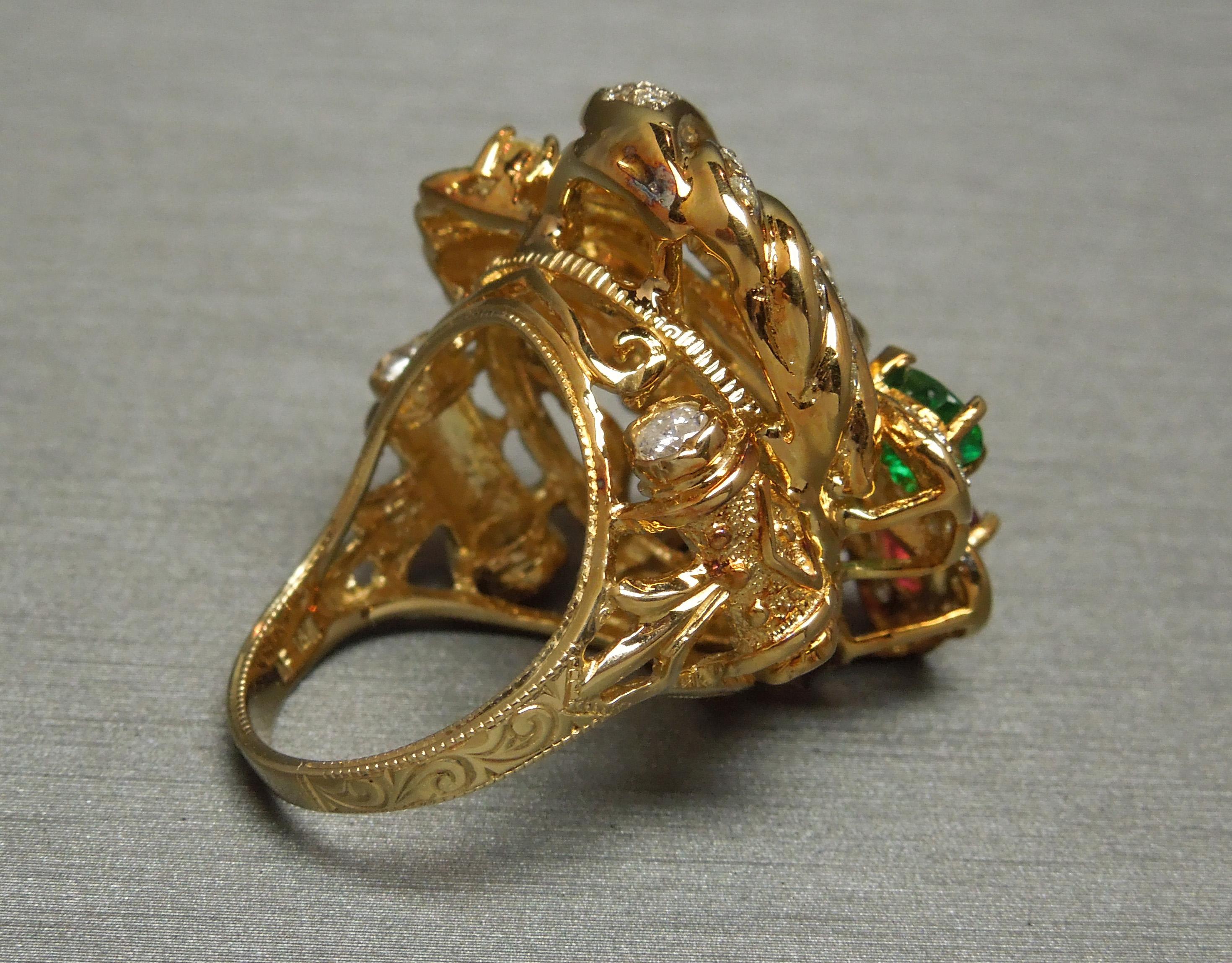 Precious Gemstone Gold Peacock Statement Ring For Sale 1