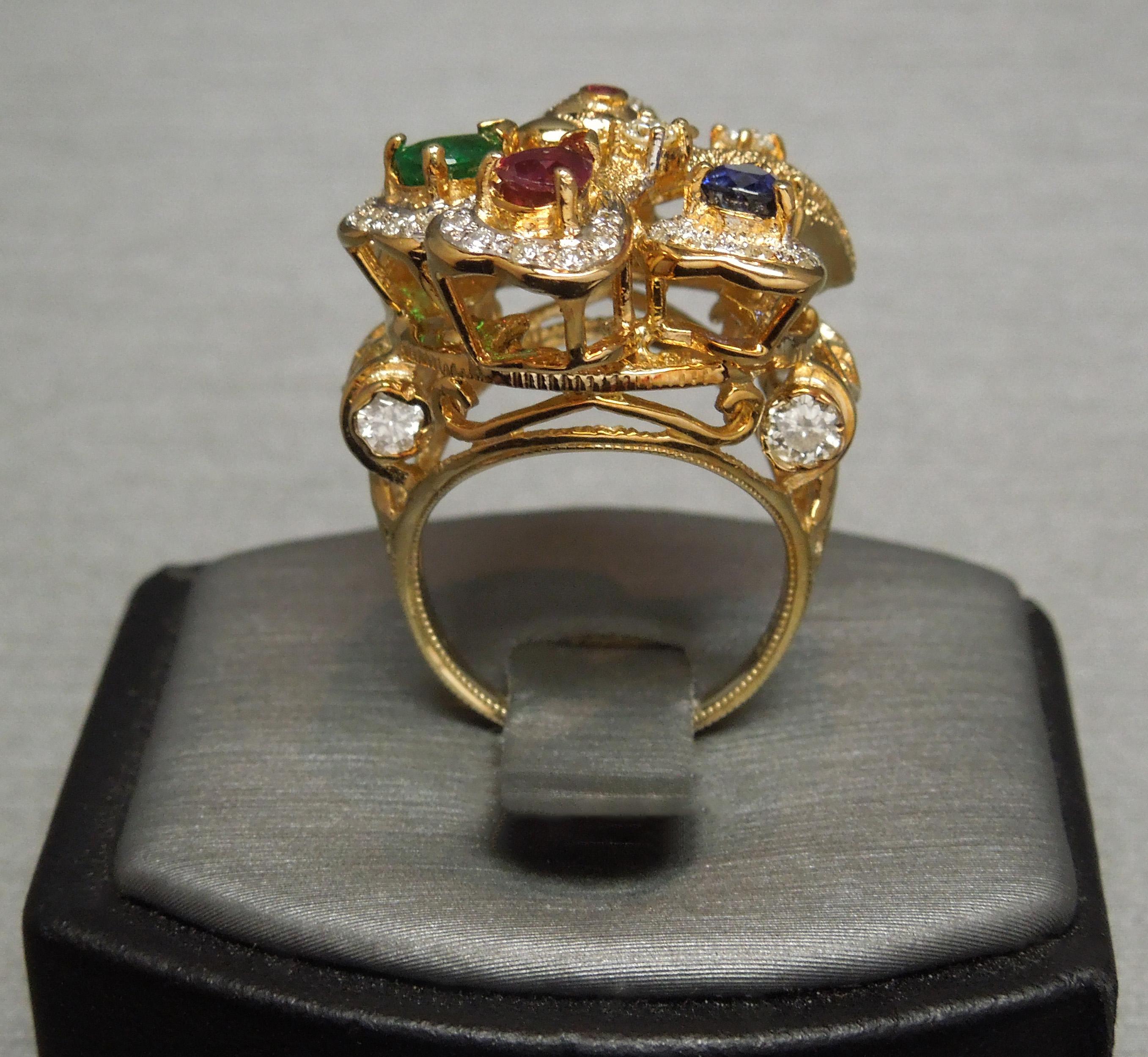 Precious Gemstone Gold Peacock Statement Ring For Sale 4