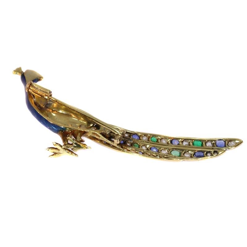 Precious Gemstones 18 Karat Yellow Gold Enameled Peacock Bird Brooch, 1930s In Excellent Condition In Antwerp, BE