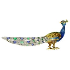 Precious Gemstones 18 Karat Yellow Gold Enameled Peacock Bird Brooch, 1930s