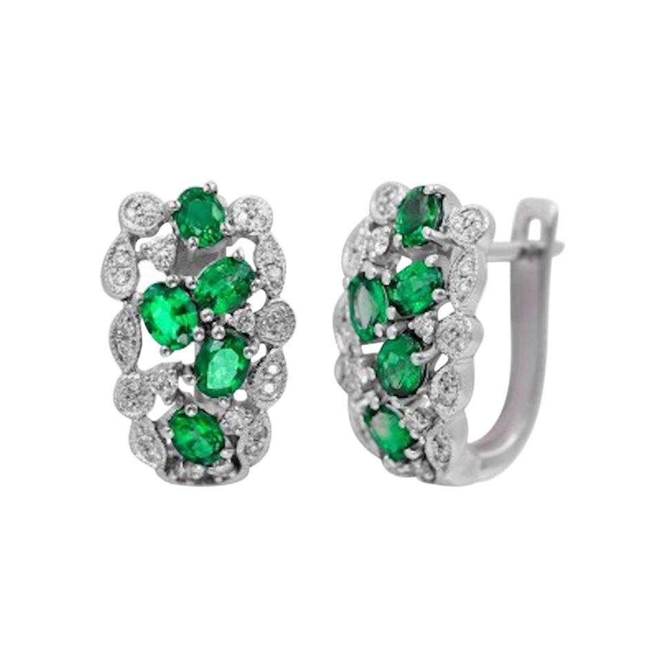 Precious Green Emerald White Diamond Gold Sophisticated Lever-Back Earrings