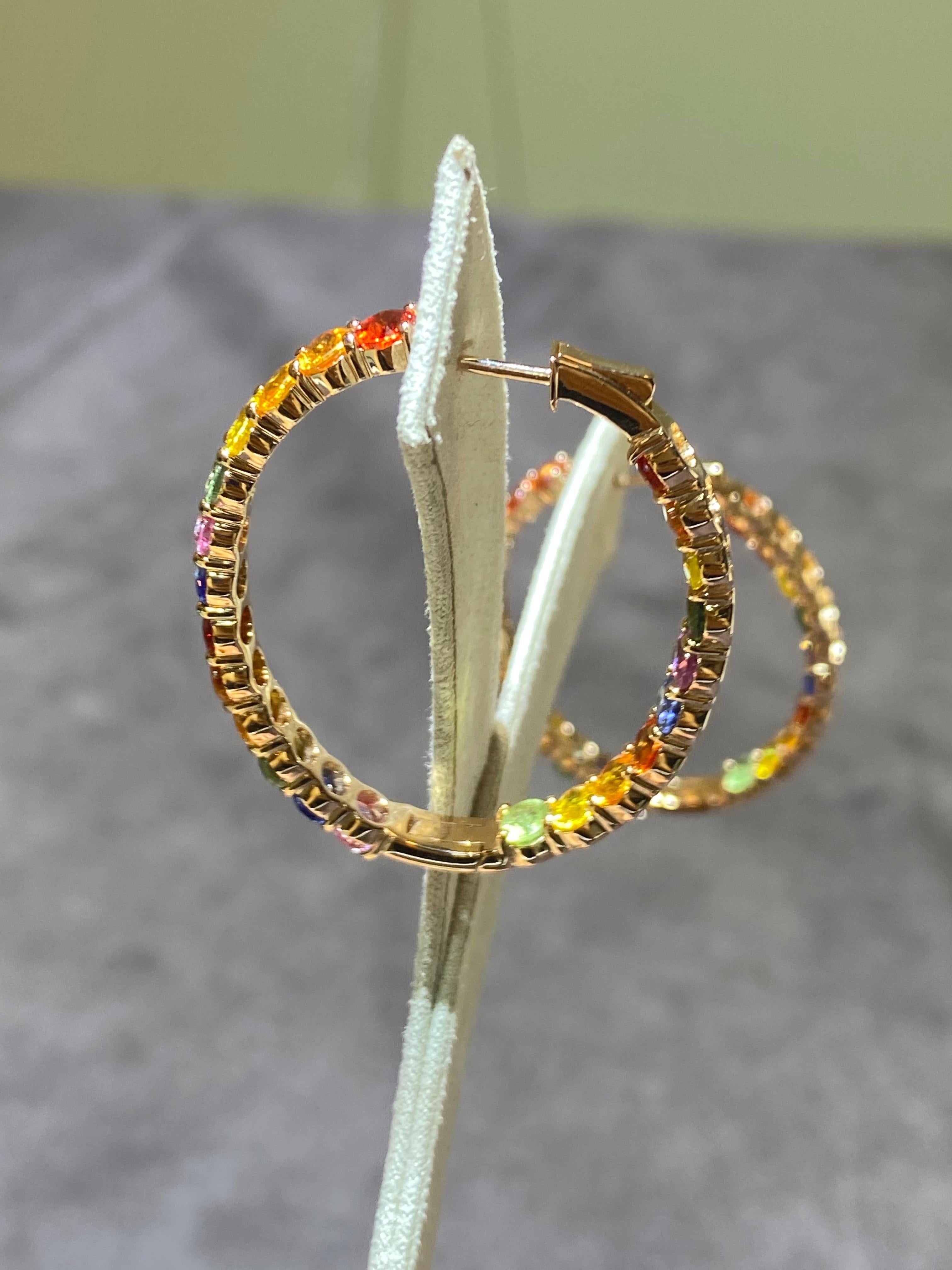 Round Cut Precious Hoop Multi Sapphire Yellow 18K Gold Earrings for Her For Sale