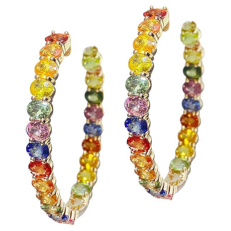 Precious Hoop Multi Sapphire Yellow 18K Gold Earrings for Her For Sale