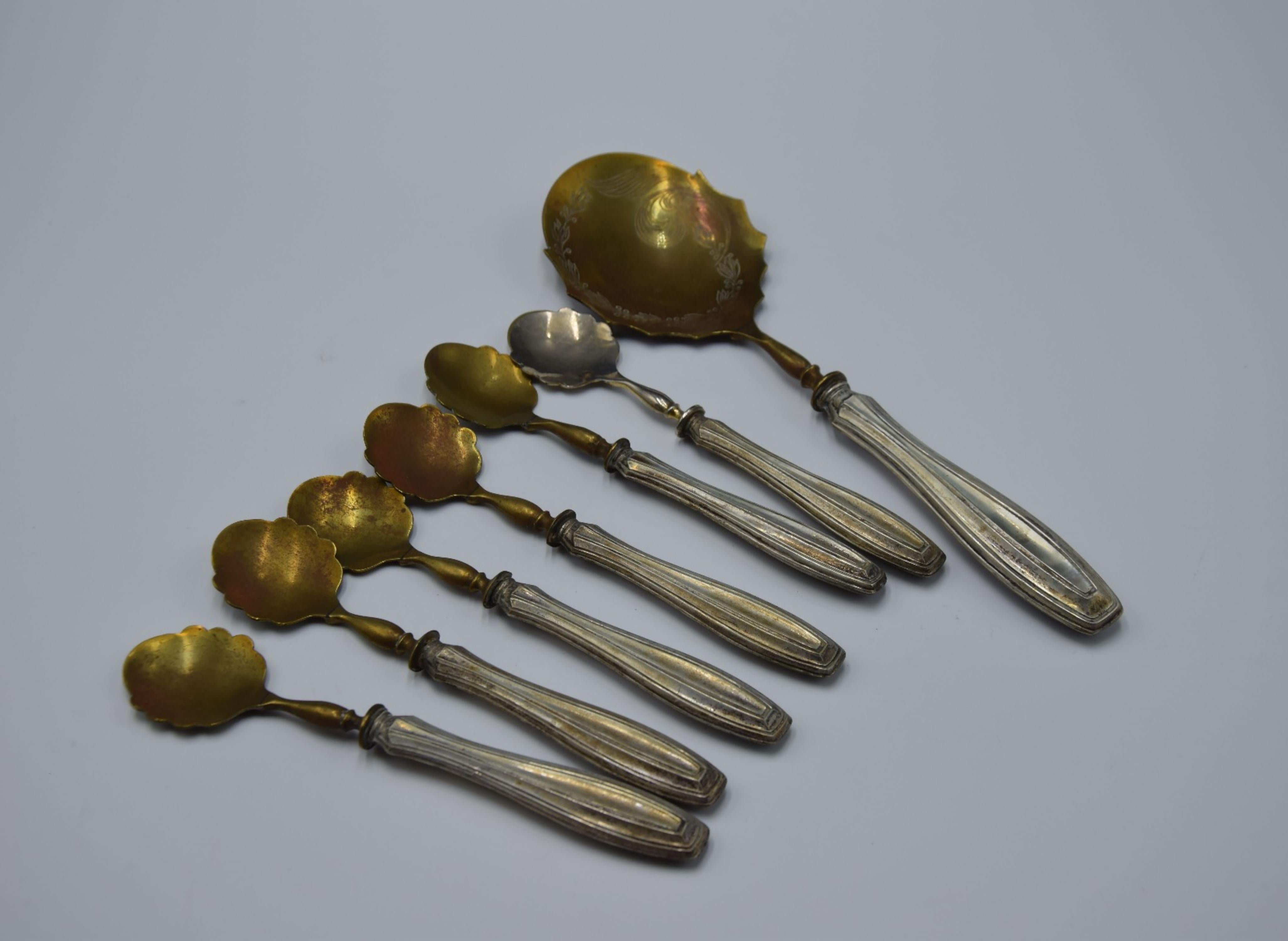 Precious ice cream set is a set of dessert cutlery realized in 19th century. Sterling silver and brass.

The lot consist in six antique little spoon and a big one for serving ice cream.

Dimension: 

Little spoon: 16.5 x 3.5 cm

Big spoon: