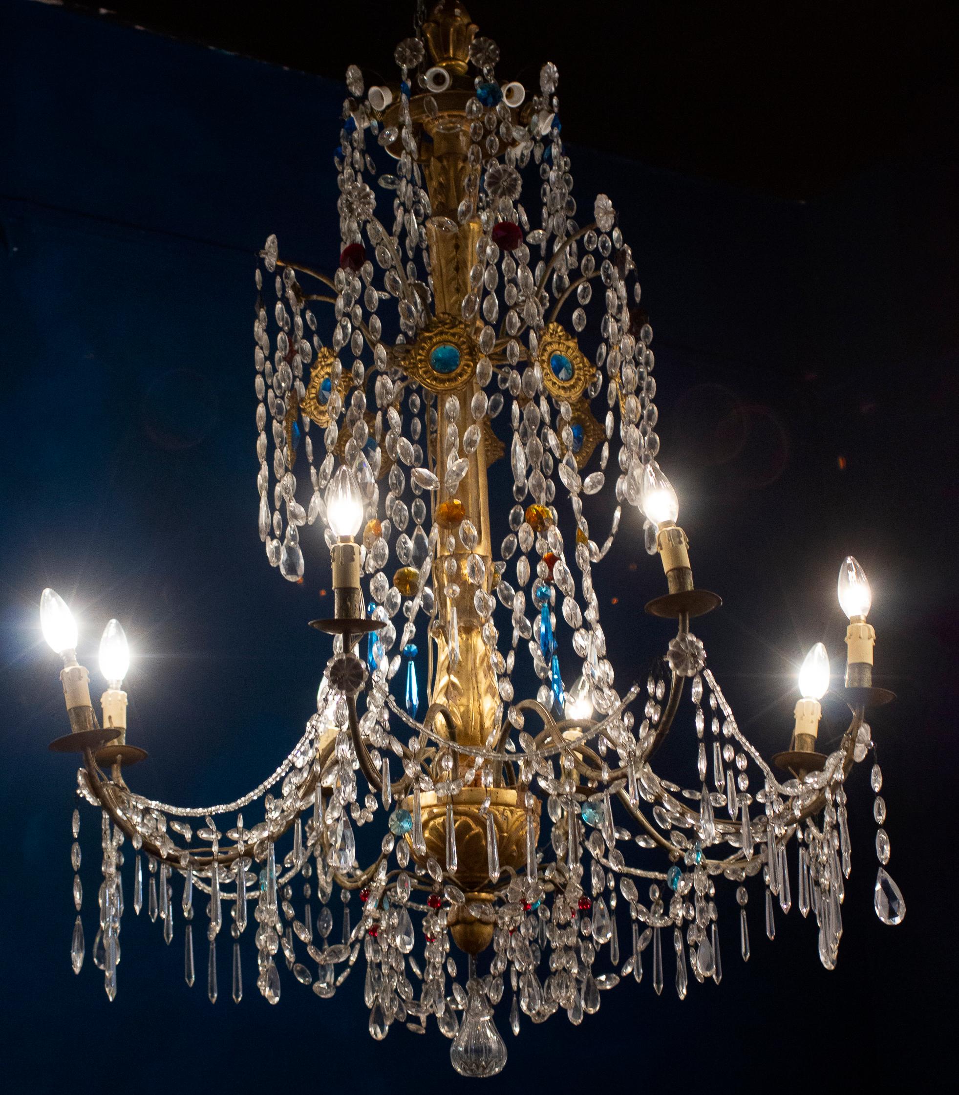 18th Century and Earlier Precious Italian 18' Century Giltwood and Crystal Chandelier Genova 1760 For Sale