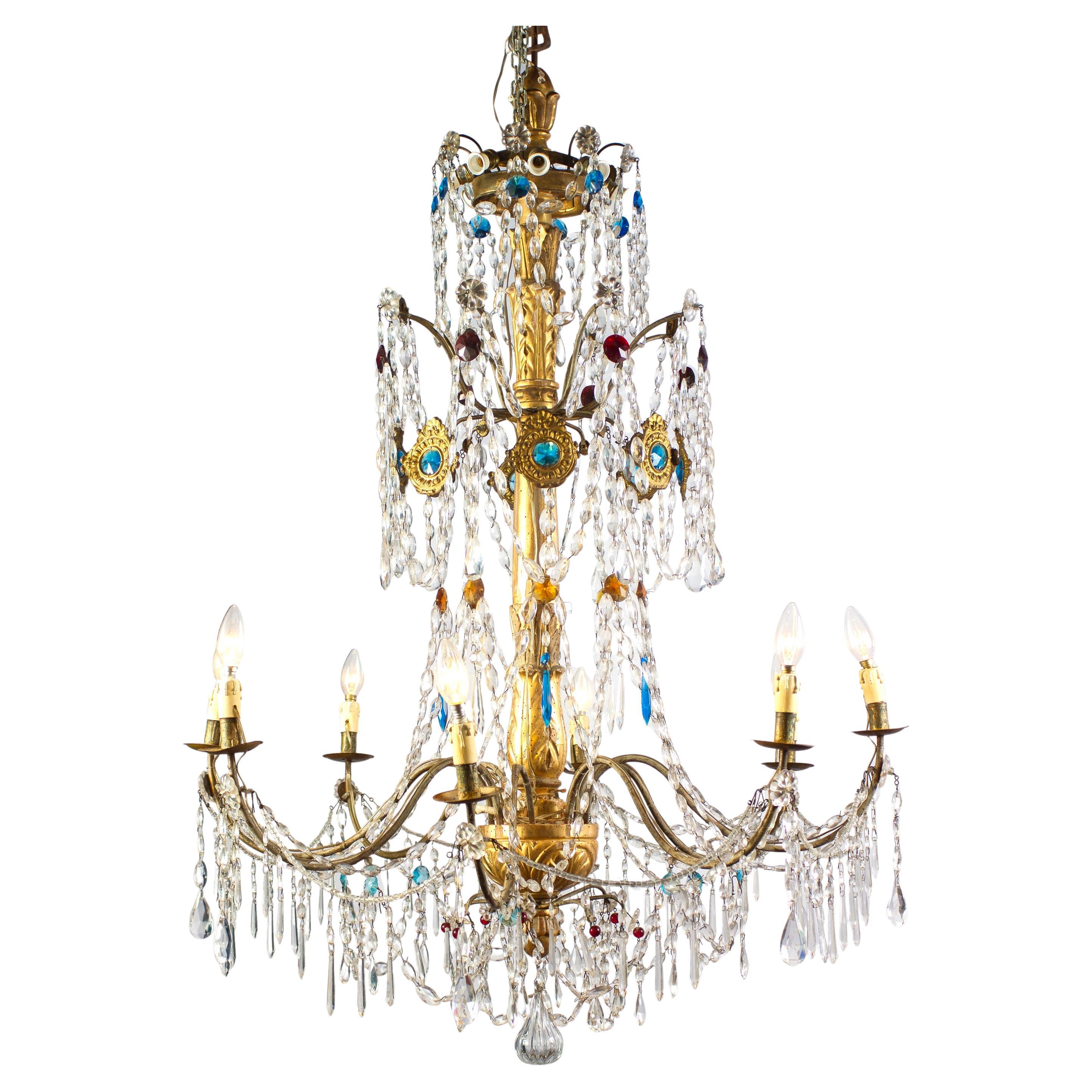 Précieux lustre italien en bois doré et cristal du 18e siècle Genova 1760