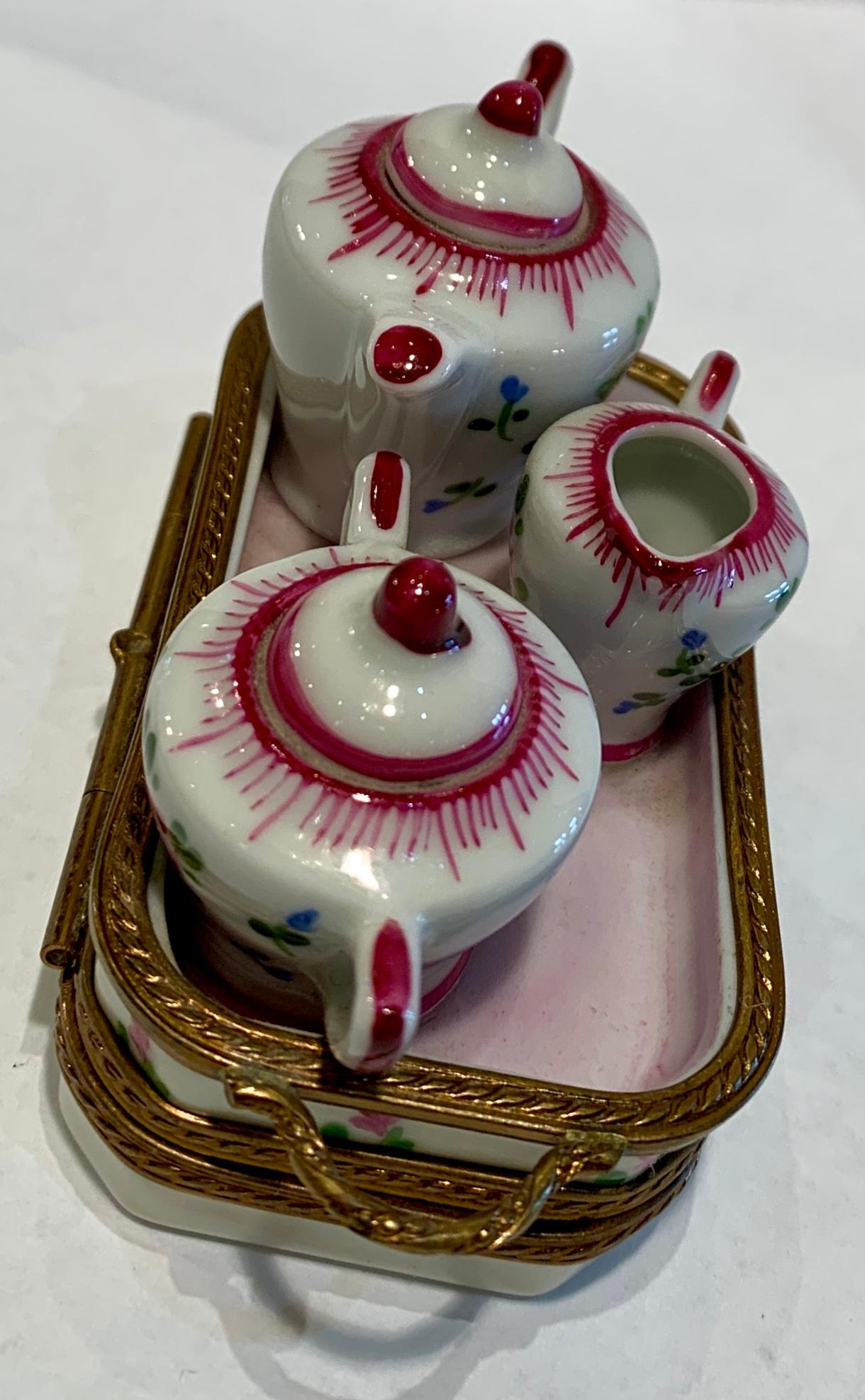 French Precious Limoges France Hand Painted Porcelain Miniature Afixed Tea Set Box