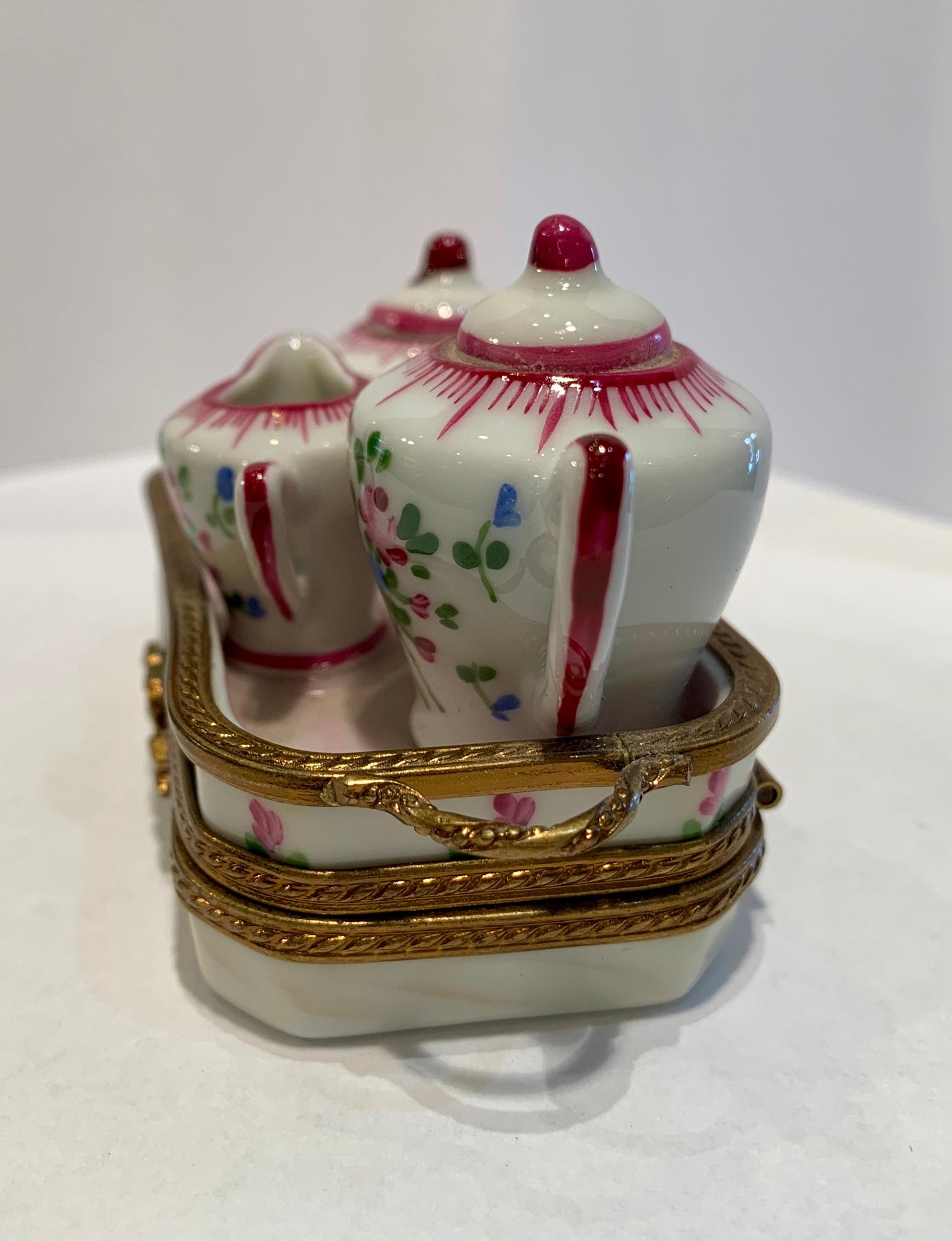 Hand-Painted Precious Limoges France Hand Painted Porcelain Miniature Afixed Tea Set Box
