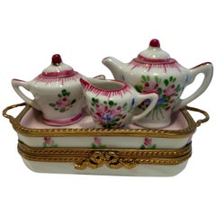 Precious Limoges France Hand Painted Porcelain Miniature Afixed Tea Set Box