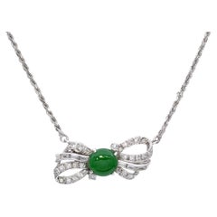 Precious Metal Alloy 1.20ct Type A Jade & Diamond Ribbon Pedant Necklace GIA