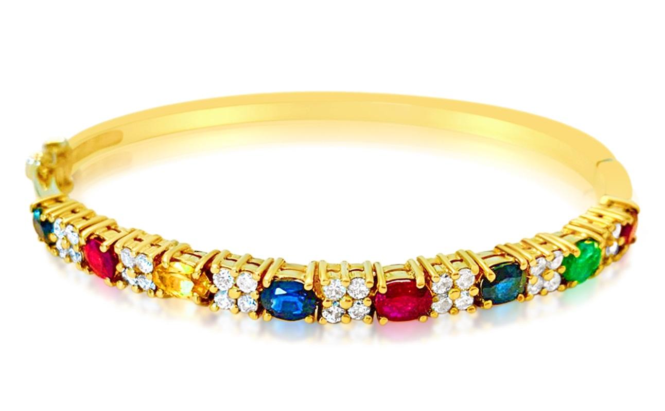 Taille ovale Bracelet de pierres précieuses multiples et diamants en or 18 carats en vente