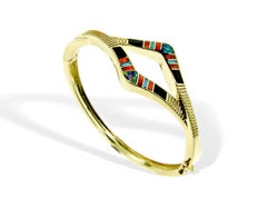 Precious Opal, Turquoise, Spiny Oyster, Onyx Inlay 14 Karat Gold Bracelet