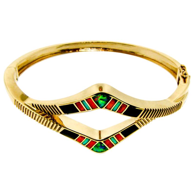 Precious Opal, Turquoise, Spiny Oyster, Onyx Inlay 14 Karat Gold Bracelet For Sale