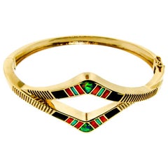 Precious Opal, Turquoise, Spiny Oyster, Onyx Inlay 14 Karat Gold Bracelet