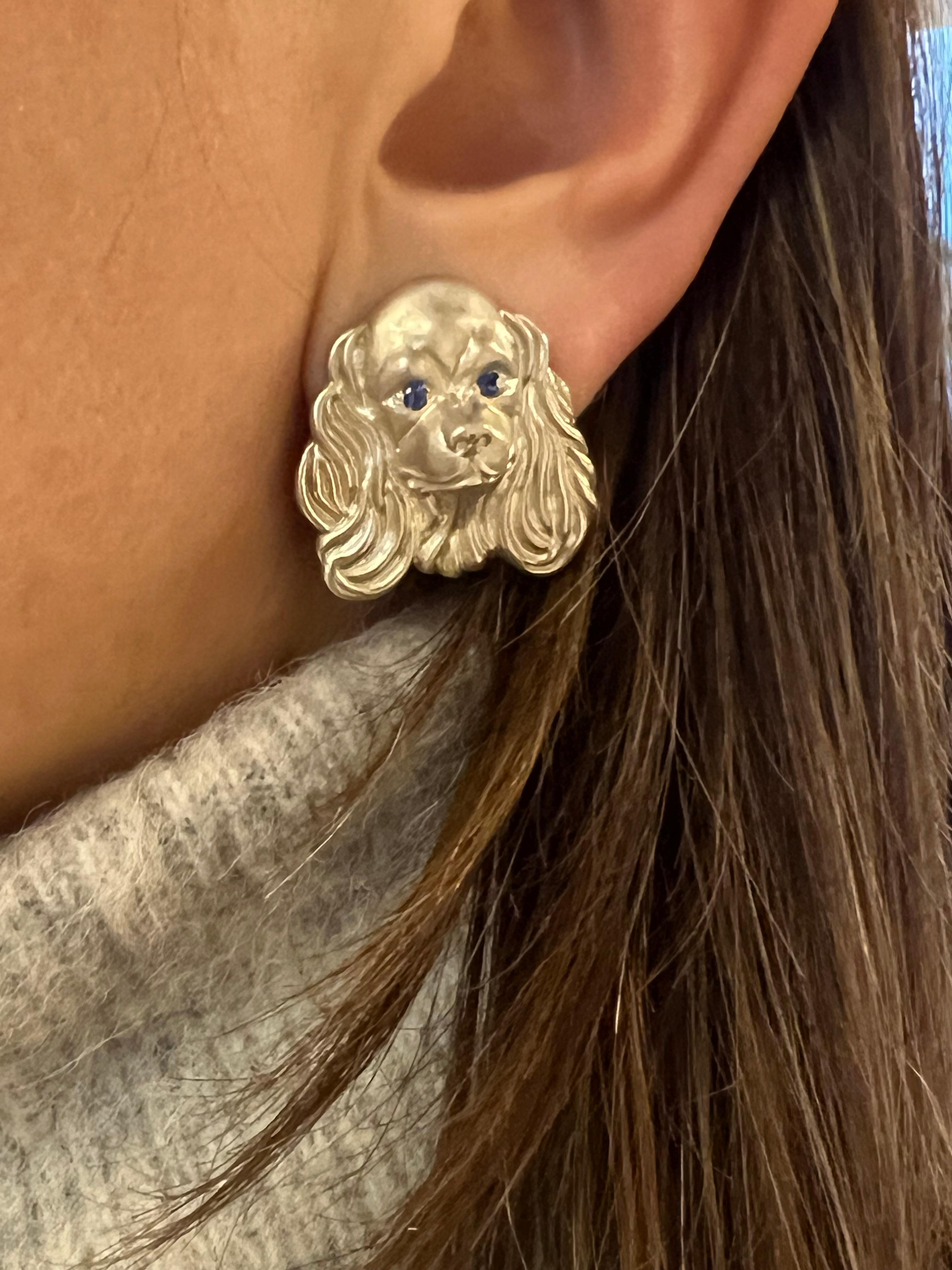Round Cut Precious Paws Collection Sterling Silver Sapphire Cocker Spaniel Dog Earrings For Sale