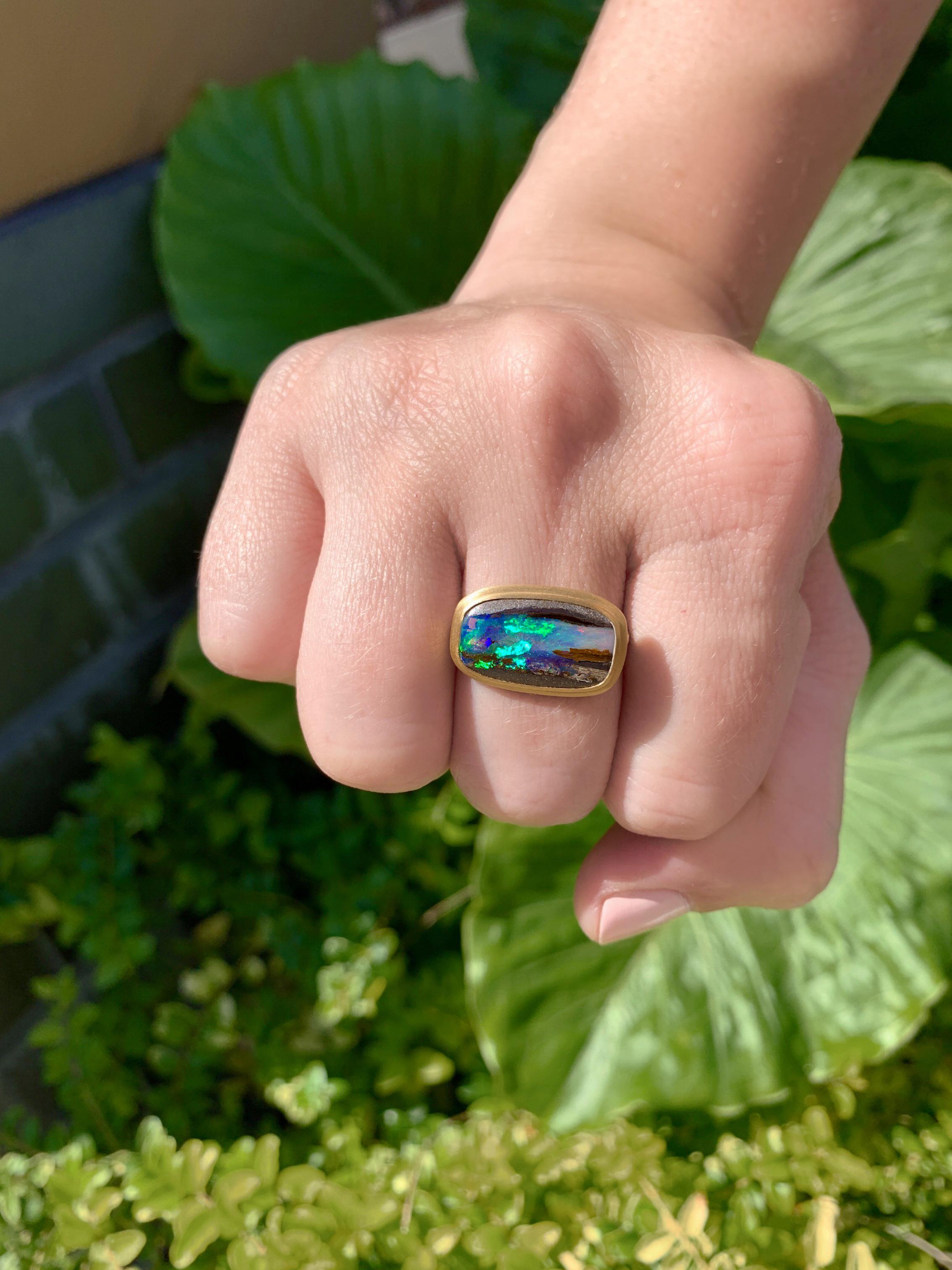 One of a Kind Editions Ring hand-fabricated in Japan by jewelry designer Shinobu Marotta (Talkative Atelier) showcasing an exceptional, rare 3.78 carat precious picture opal from the Queensland mine in Australia, framed and bezel-set in