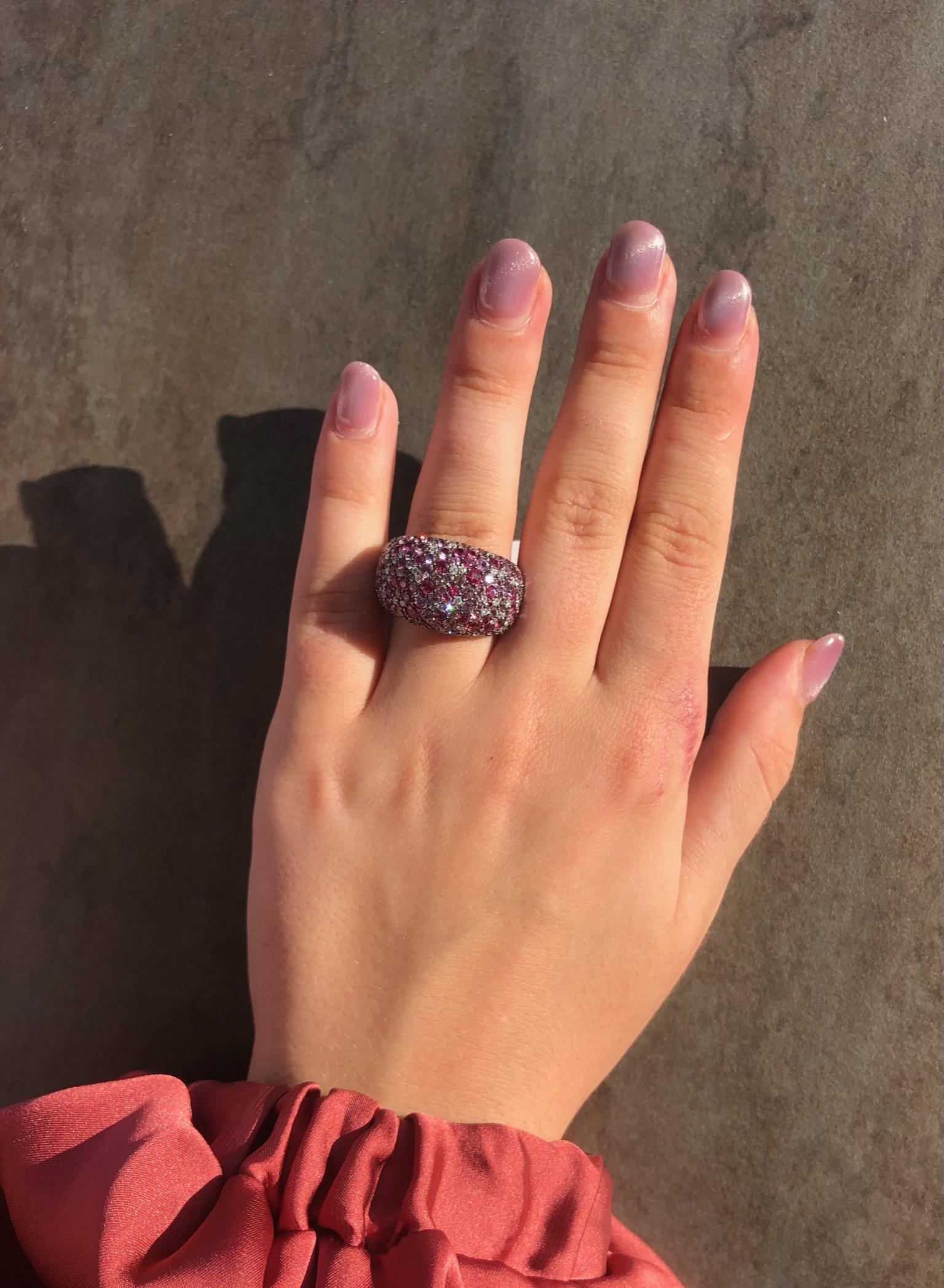 Women's Precious Pink Sapphire White Diamond Spinel 18 Karat White Gold Fashion Ring For Sale