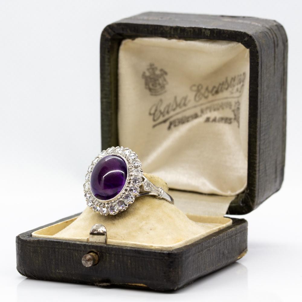 Women's or Men's Precious Platinum Natural Amethyst and Diamonds Halo Ring