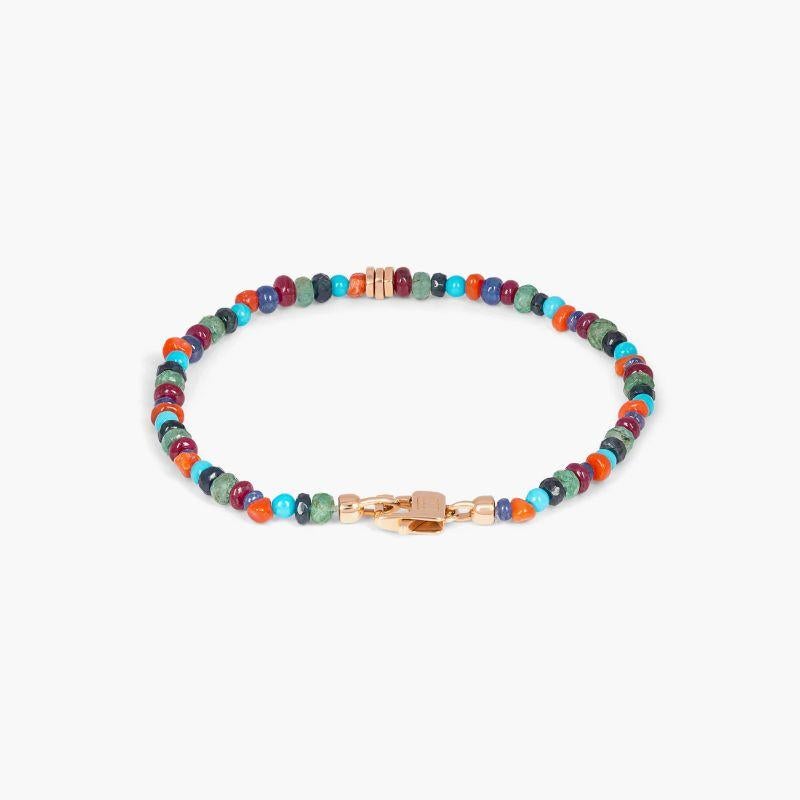 Precious Stone Bracelet with Multi-Colour Stones in 18K Rose Gold, Size M

Faceted ruby, Burmese sapphire, emerald, coral and sleeping beauty turquoise beads sit together with three 18k rose gold discs, finished with a matching rose gold lobster