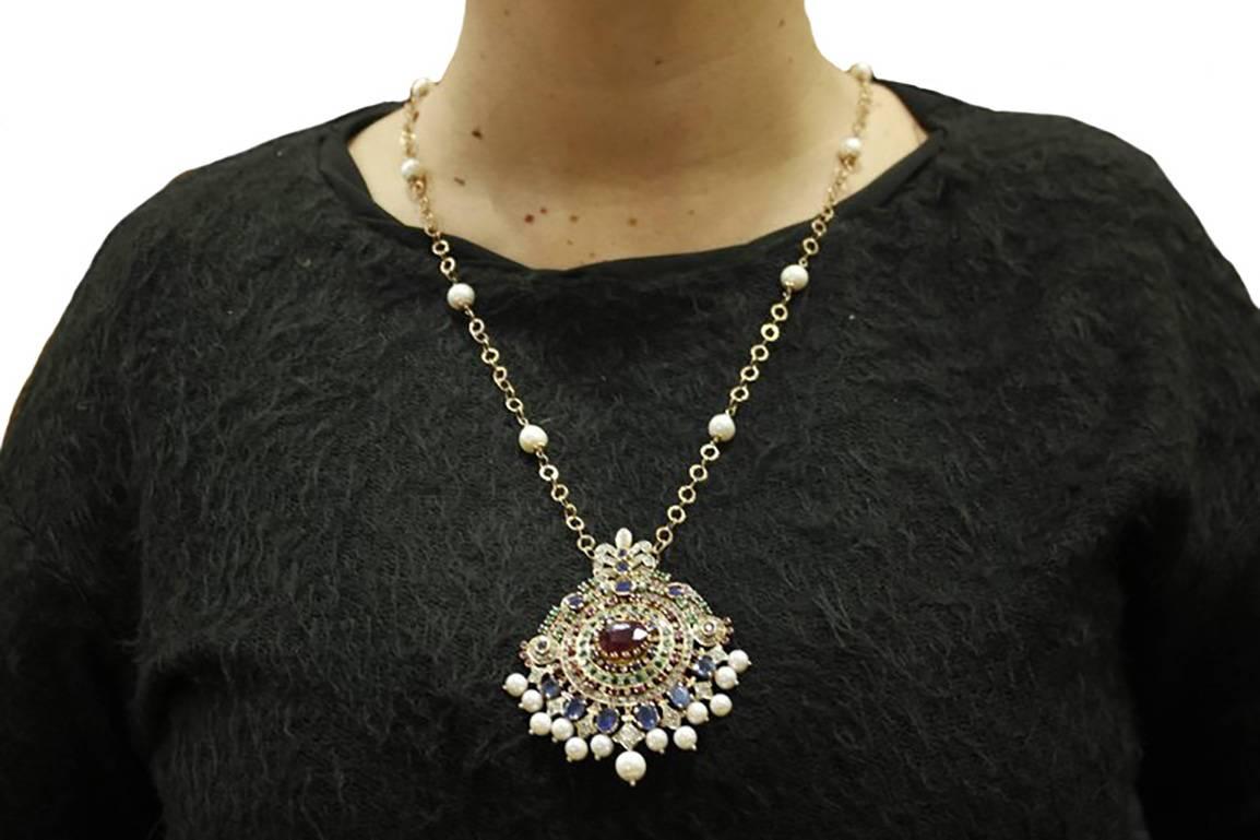 Retro Diamond Pearl Sapphire Ruby Emerald Rose Gold Silver Necklace