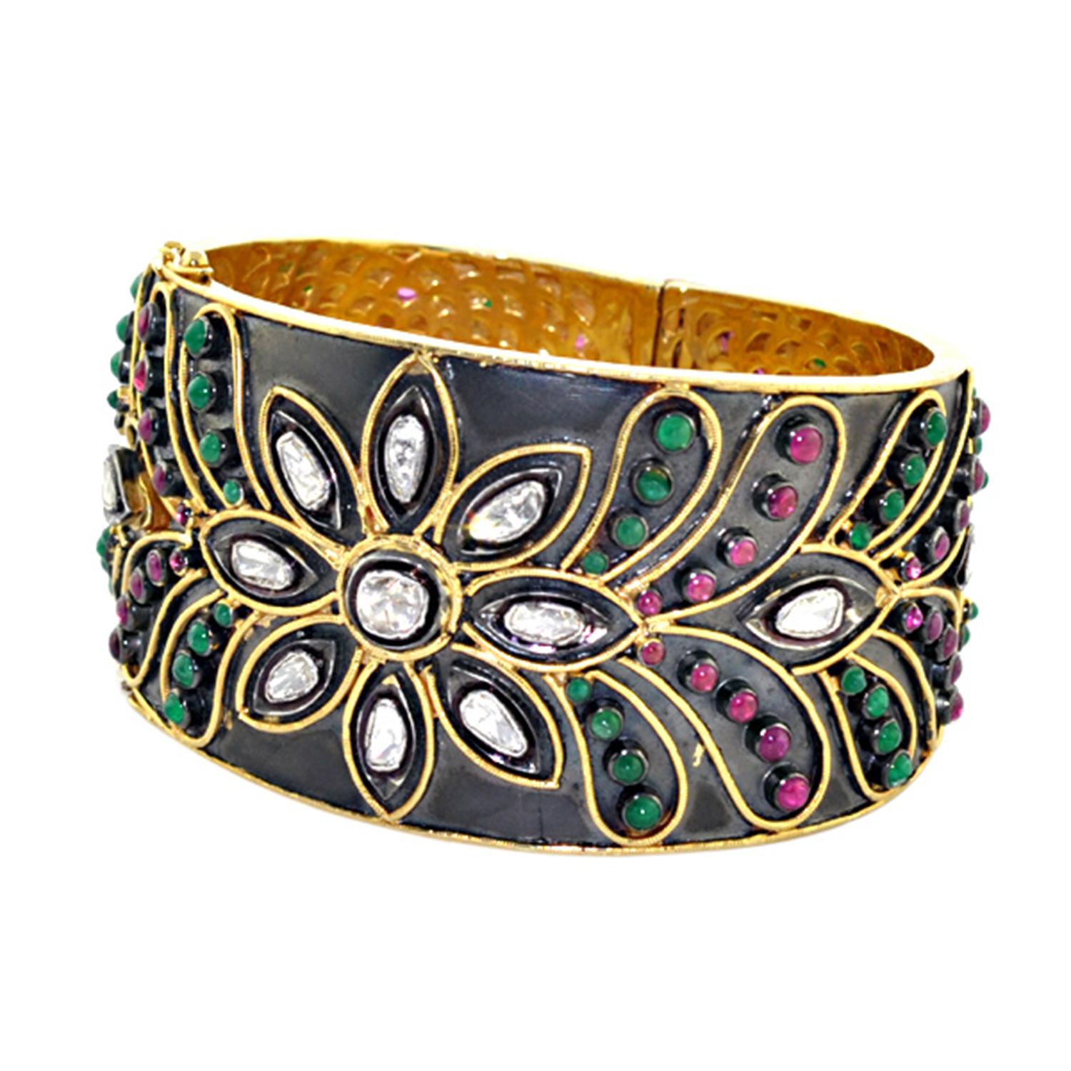Mixed Cut Precious Stones Studded Ethnic Looking Bracelet With Diamonds In 14k Yellow Gold For Sale