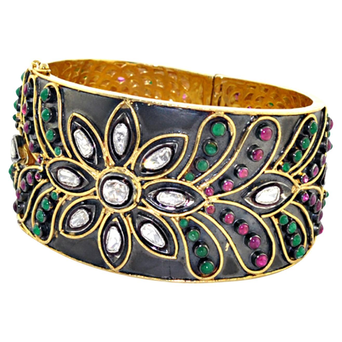 Precious Stones Studded Ethnic Looking Bracelet With Diamonds In 14k Yellow Gold For Sale