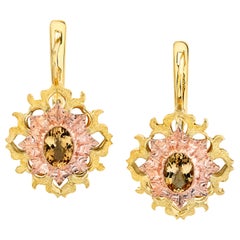 Precious Topaz Handmade Florentine Rose Yellow Gold Latch Back Drop Earrings