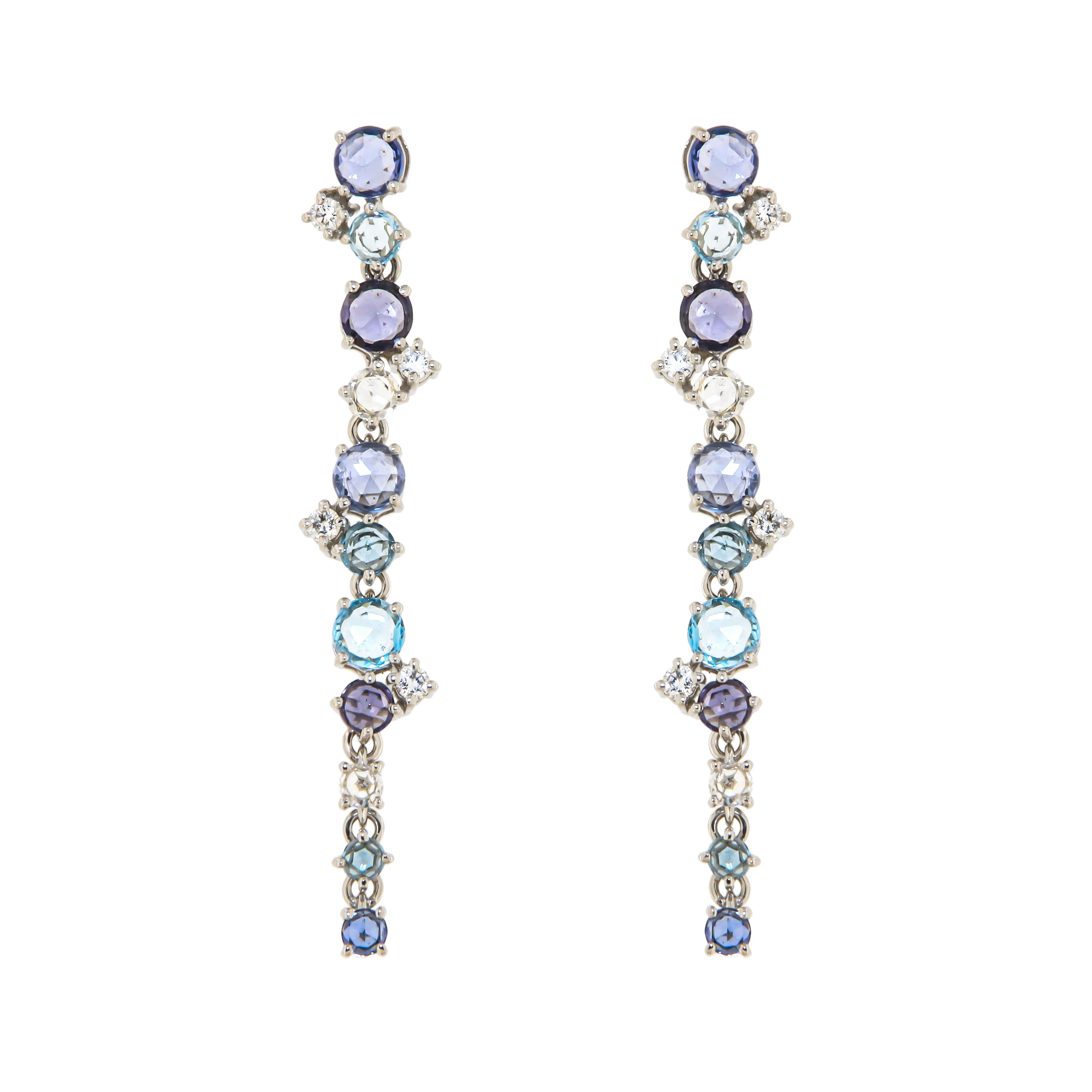 Round Cut Precious Topaz Blue Sapphire Diamond Cocktail White 18K Gold Dangöe Earrings For Sale