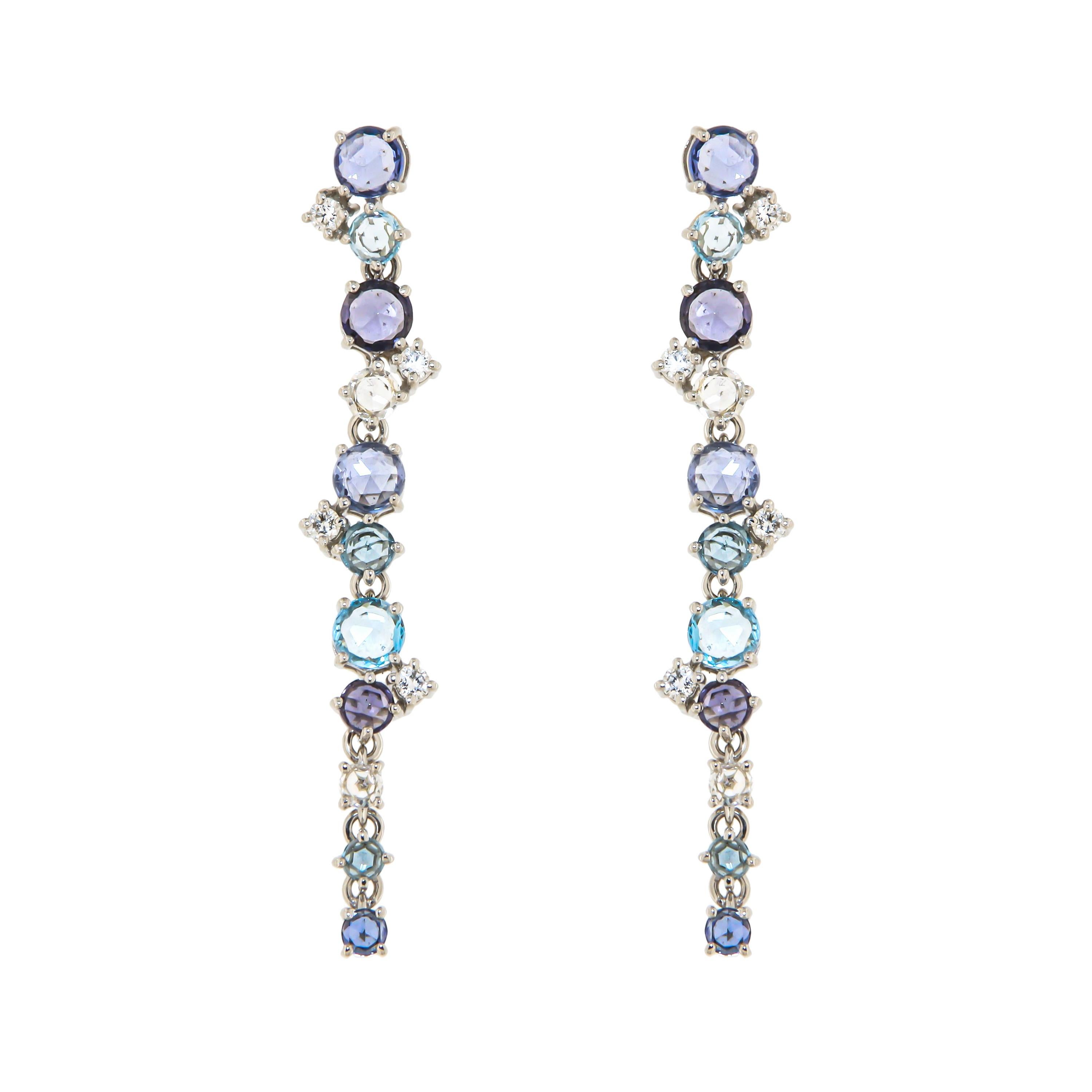 Precious Topaz Blue Sapphire Diamond Cocktail White 18K Gold Dangöe Earrings For Sale