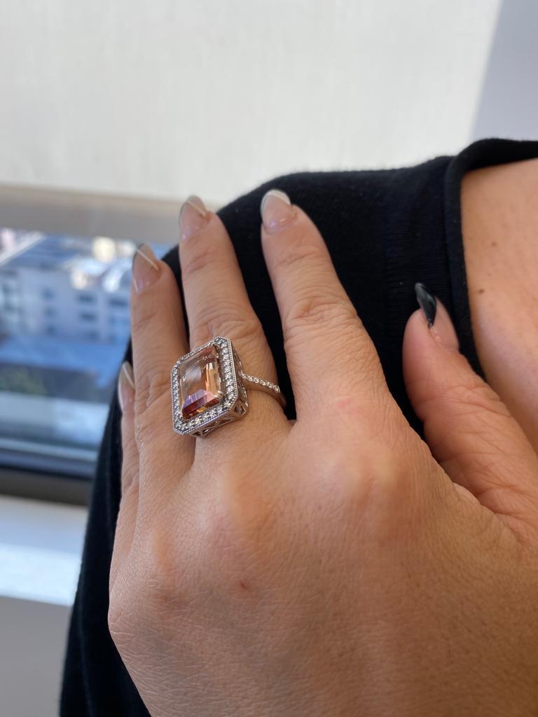 Emerald Cut 8.91 Carat Precious Topaz Emerald-Cut Ring – Luxury 18K White Gold with Diamonds For Sale