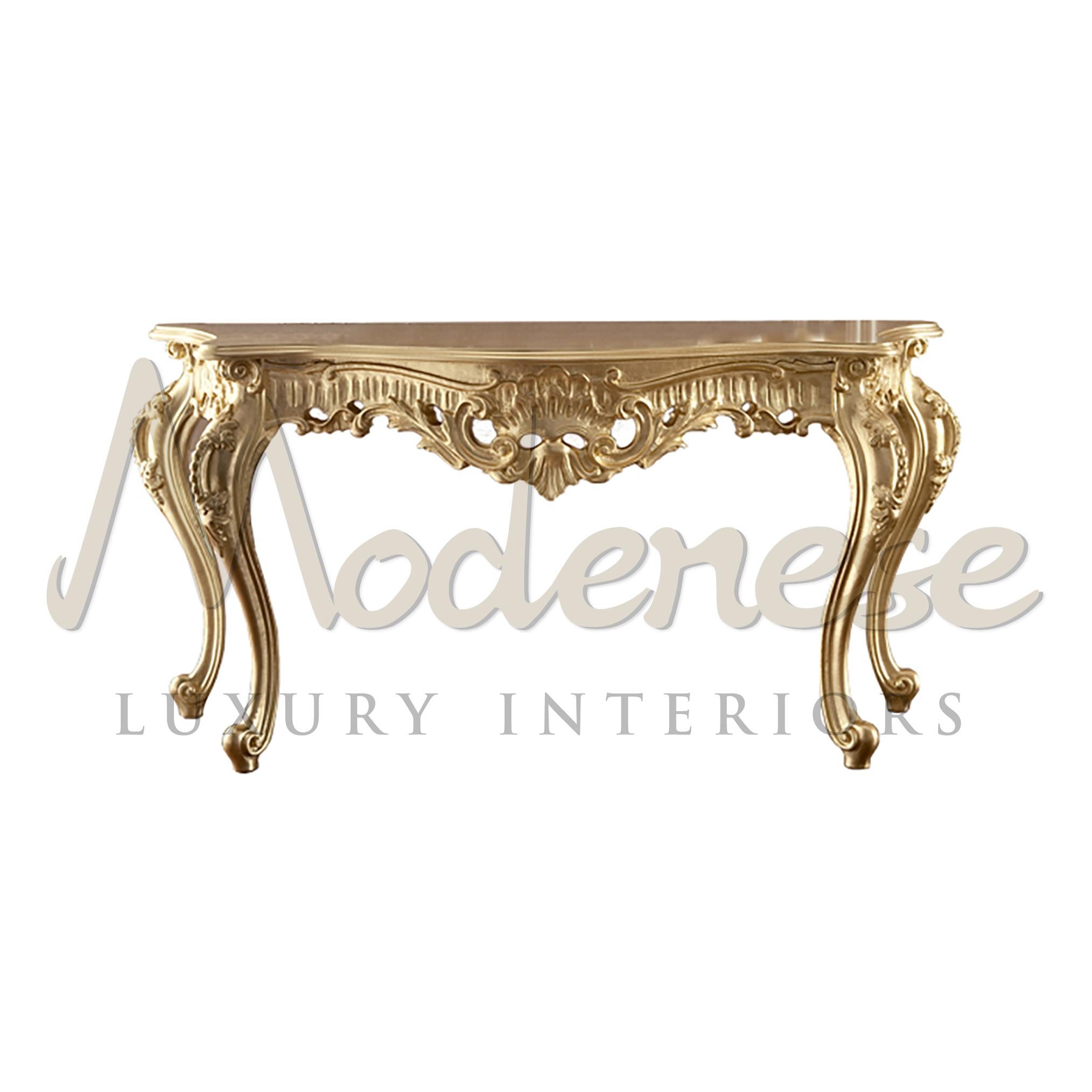 Italian Precious Total Gold Leaf Decorated Console by Modenese Gastone For Sale