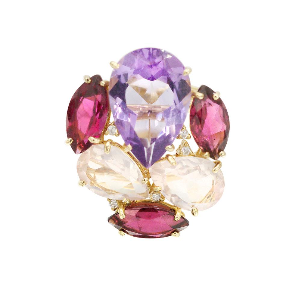 Ring Yellow Gold 18 K
Diamond 5-Round 57-0,04-5/6A 
Amethyst 1-Pear-4,8 2/1A 
Tourmaline 3-2,94 2/3A 
Pink quartz 2-Pear-3 3/3A 
Weight 6,72 gram
Size 17,2 Adjustable

With a heritage of ancient fine Swiss jewelry traditions, NATKINA is a Geneva