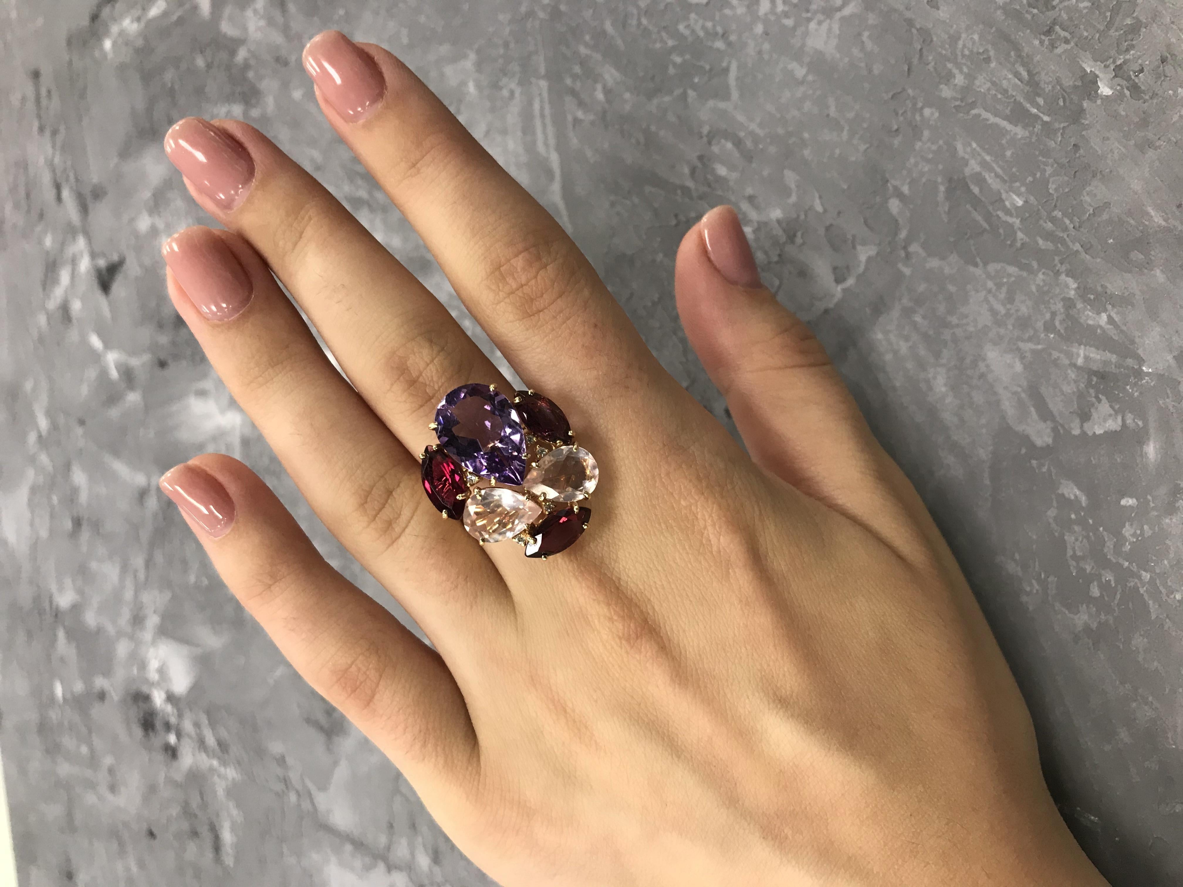 Precious Tourmaline Diamond Pink Quartz Amethyst 18 Karat Gold Ring In New Condition For Sale In Montreux, CH