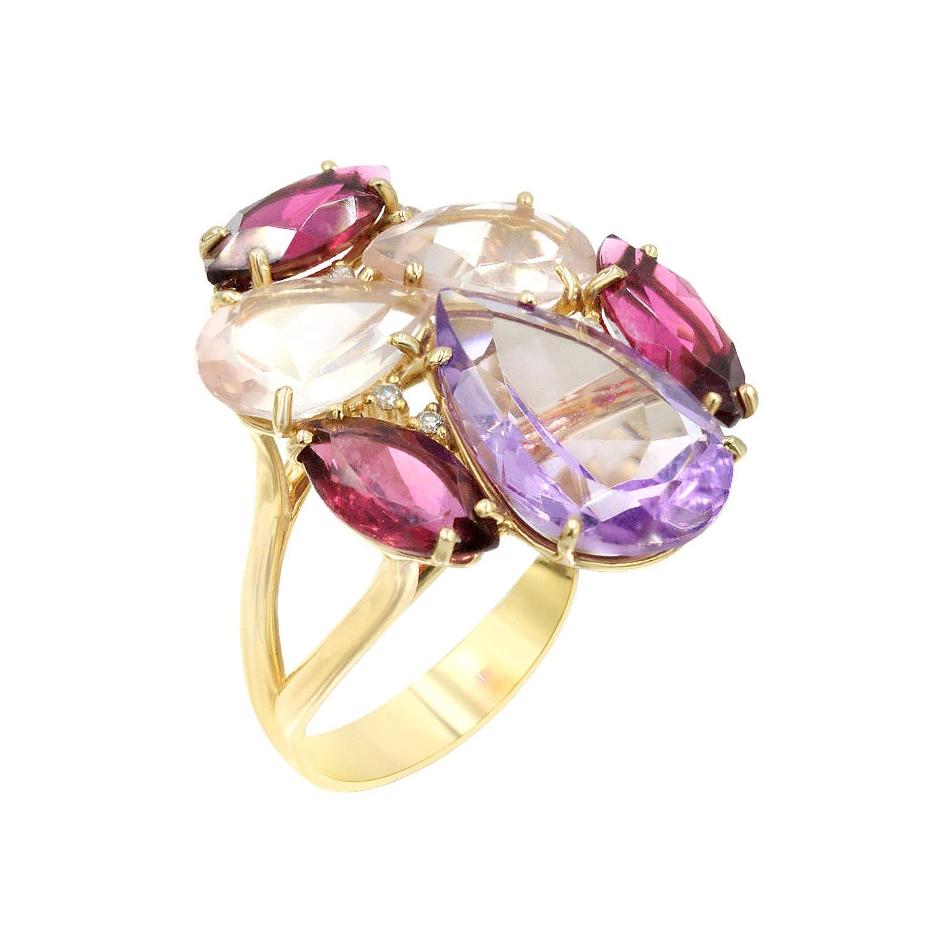 Precious Tourmaline Diamond Pink Quartz Amethyst 18 Karat Gold Ring