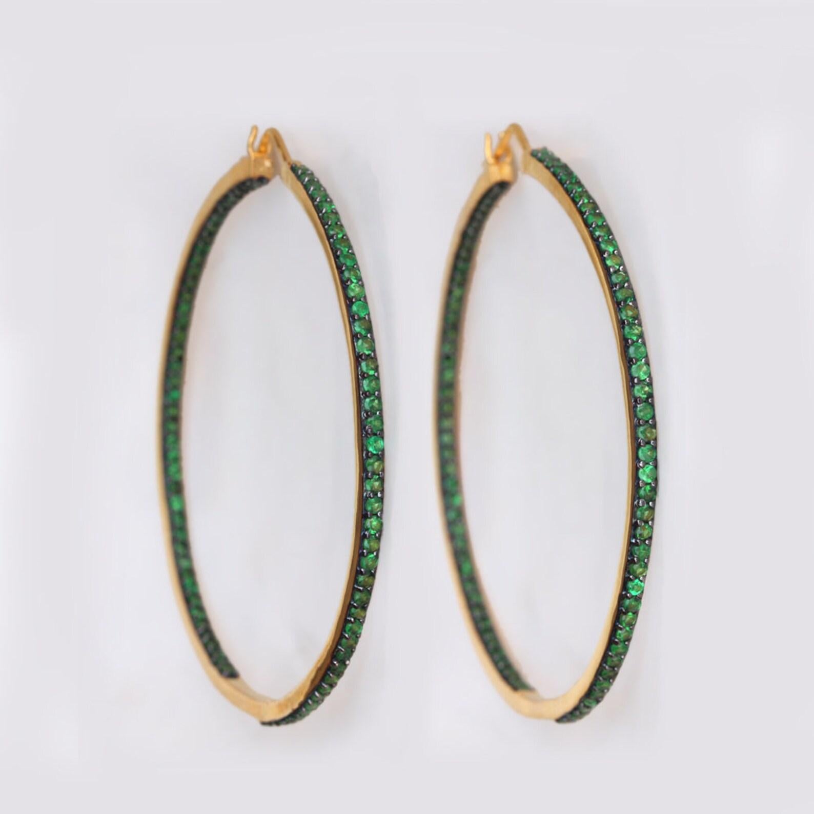 Precious Tsavorite Earrings 925 Sterling Silver Green Hoop Earrings For Sister. For Sale 2